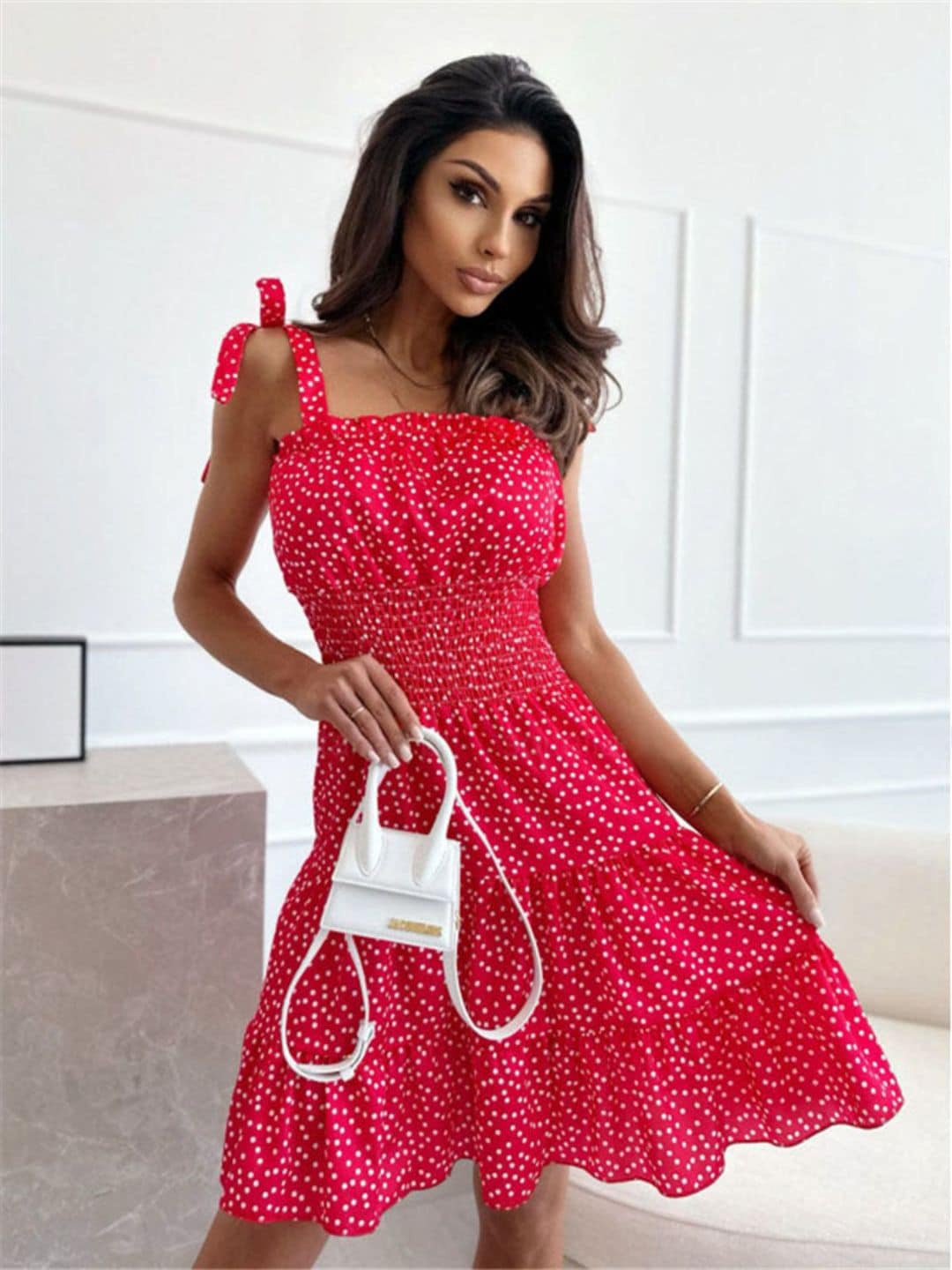 

DressBerry Red Polka Dot Printed Gathered Detailed Fit & Flare Dress