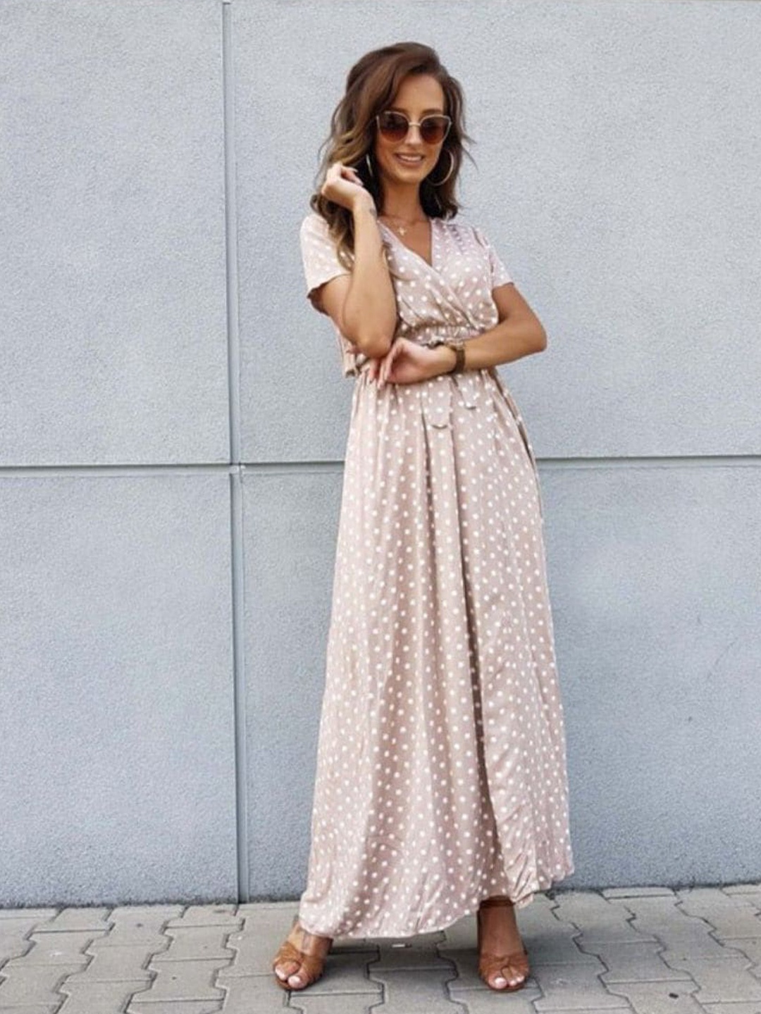 

DressBerry Pink Polka Dots Printed Tie-Ups Maxi Dress