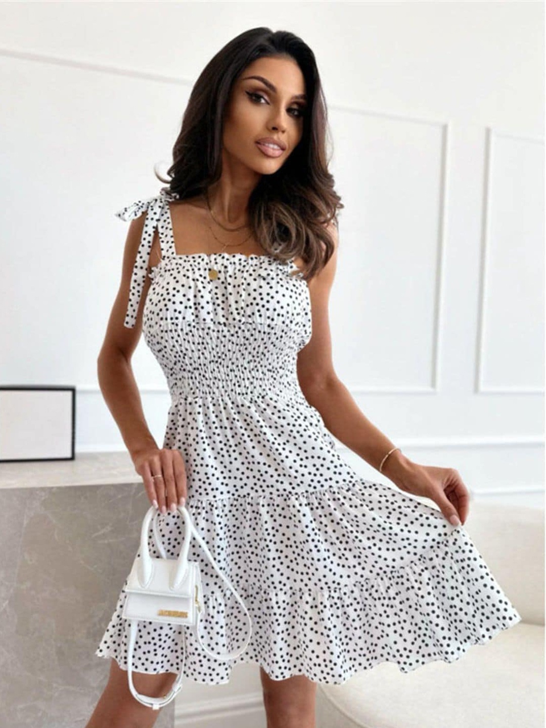 

DressBerry White Polka Dot Printed Gathered Detailed Fit & Flare Dress