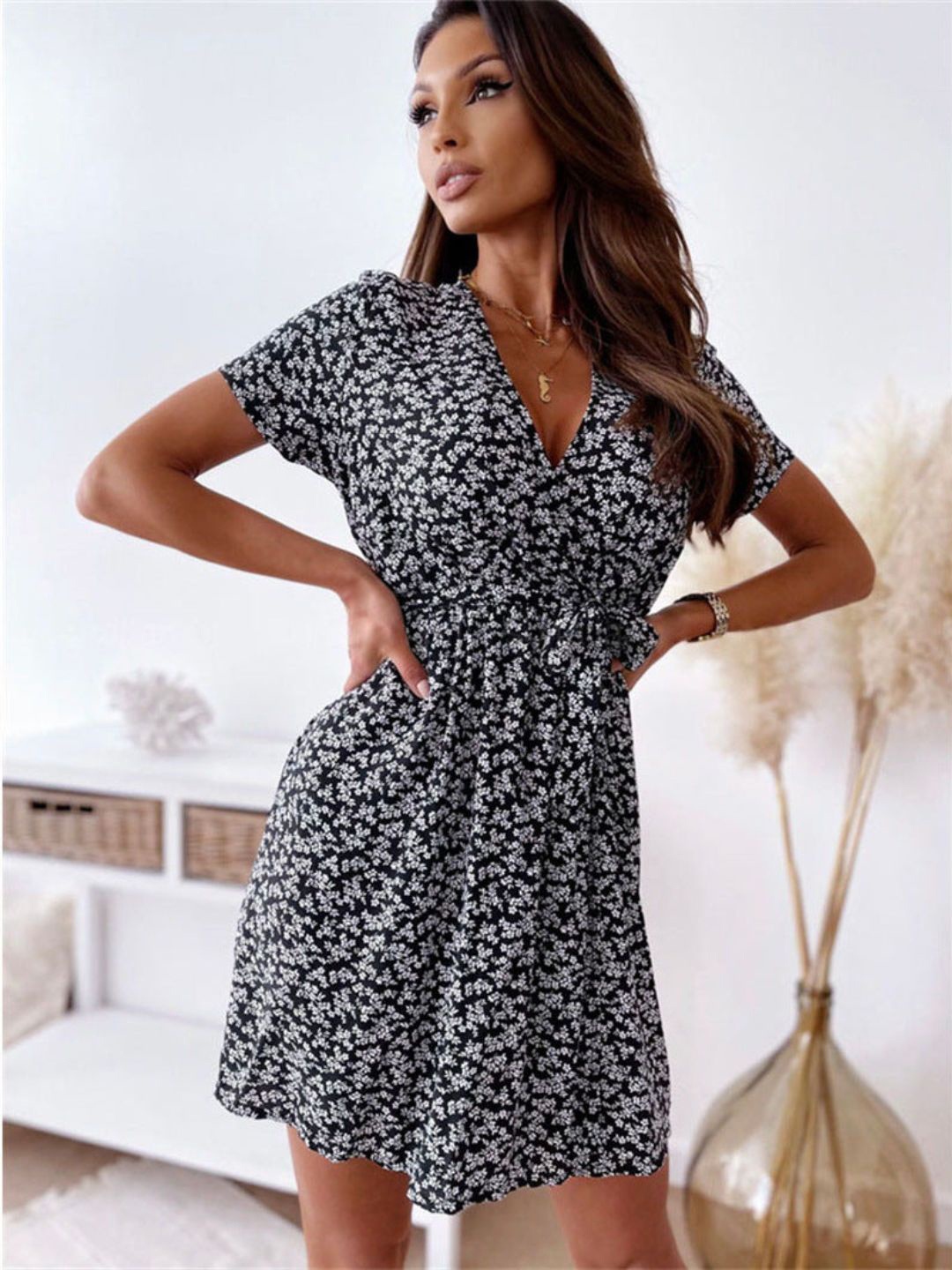 

DressBerry Black Floral Printed V-Neck Cotton Wrap Mini Dress