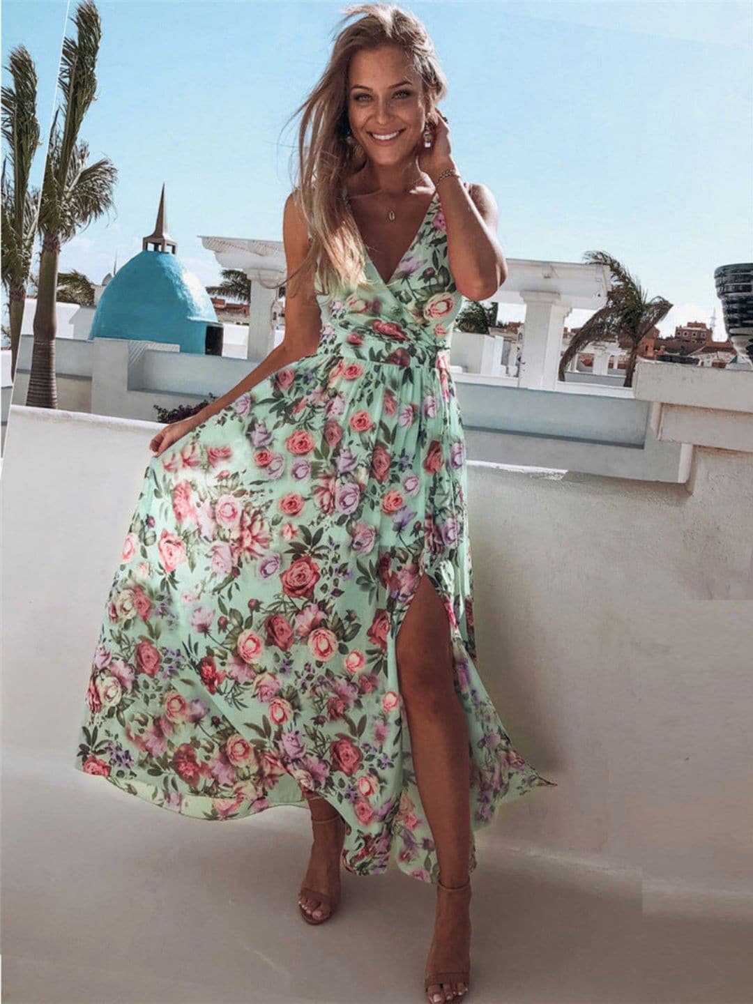 

DressBerry Green Floral Printed V-Neck Sleeveless Maxi Wrap Dress