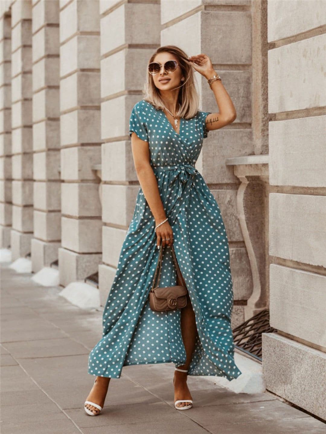 

DressBerry Green V Neck Printed Wrap Dress