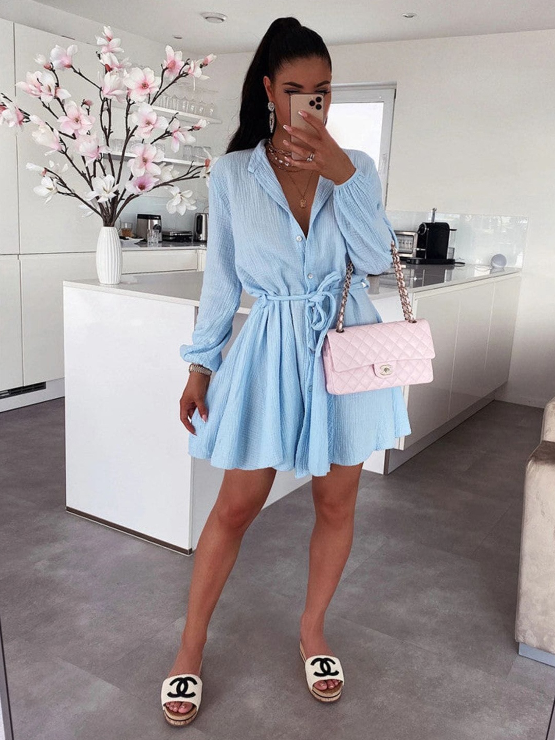 

DressBerry Blue Shirt Collar Cuffed Sleeves Tie Ups Detail Shirt Mini Dress