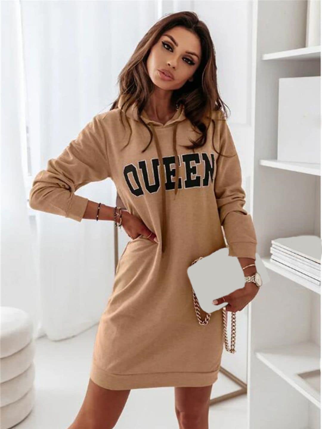 

DressBerry Khaki Typography Printed Cotton Hooded T-shirt Dress