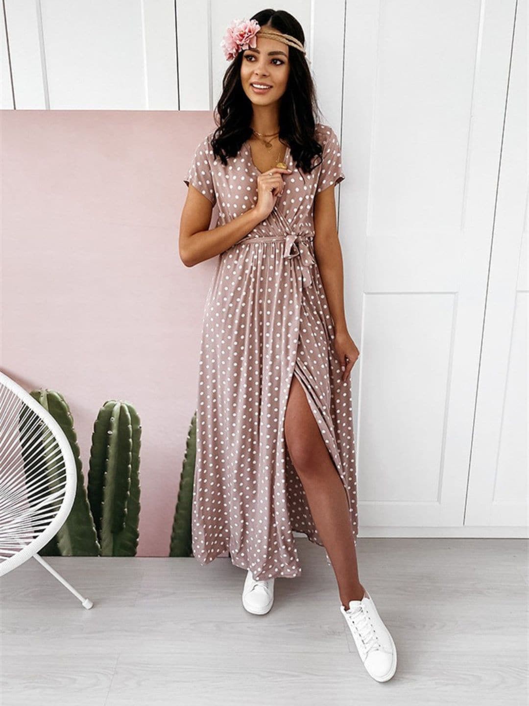 

DressBerry Pink Polka Print V-Neck Tie Up Fit & Flare Dress