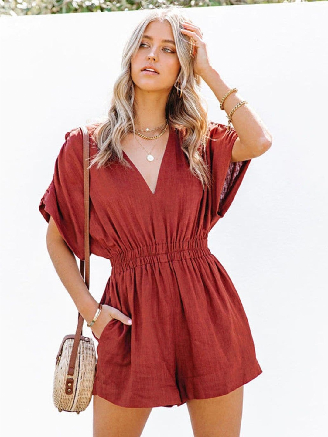 

DressBerry Red V-Neck Basic Jumpsuit