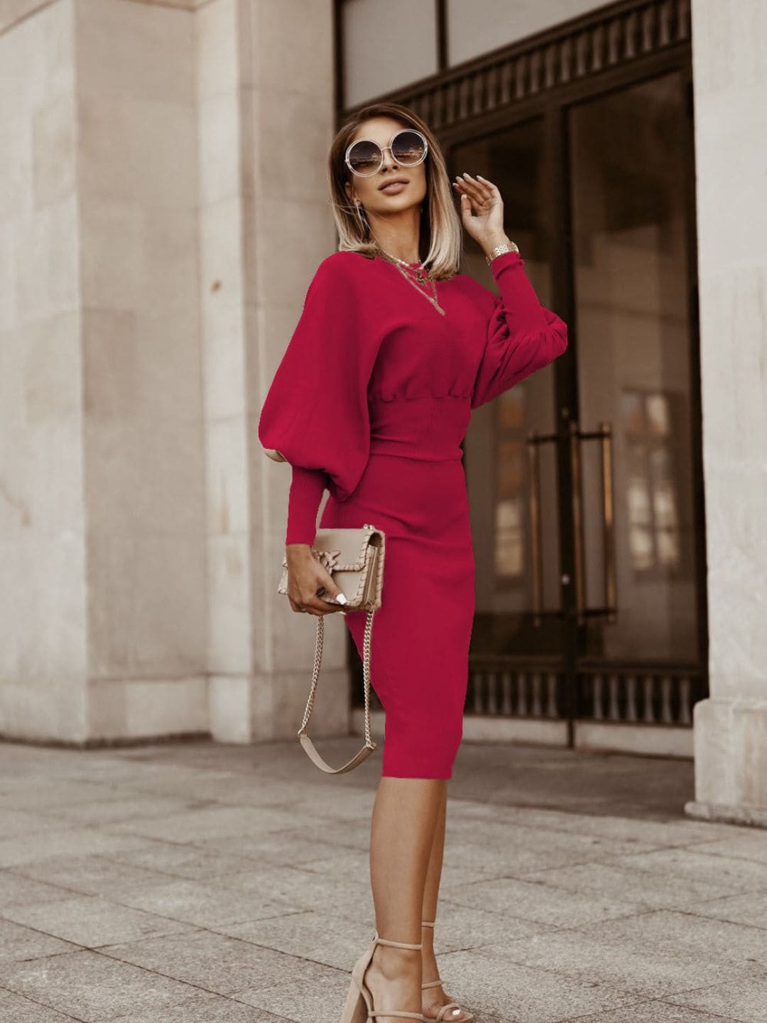 

DressBerry Marron Cuffed Sleeves Midi Sheath Dress, Maroon