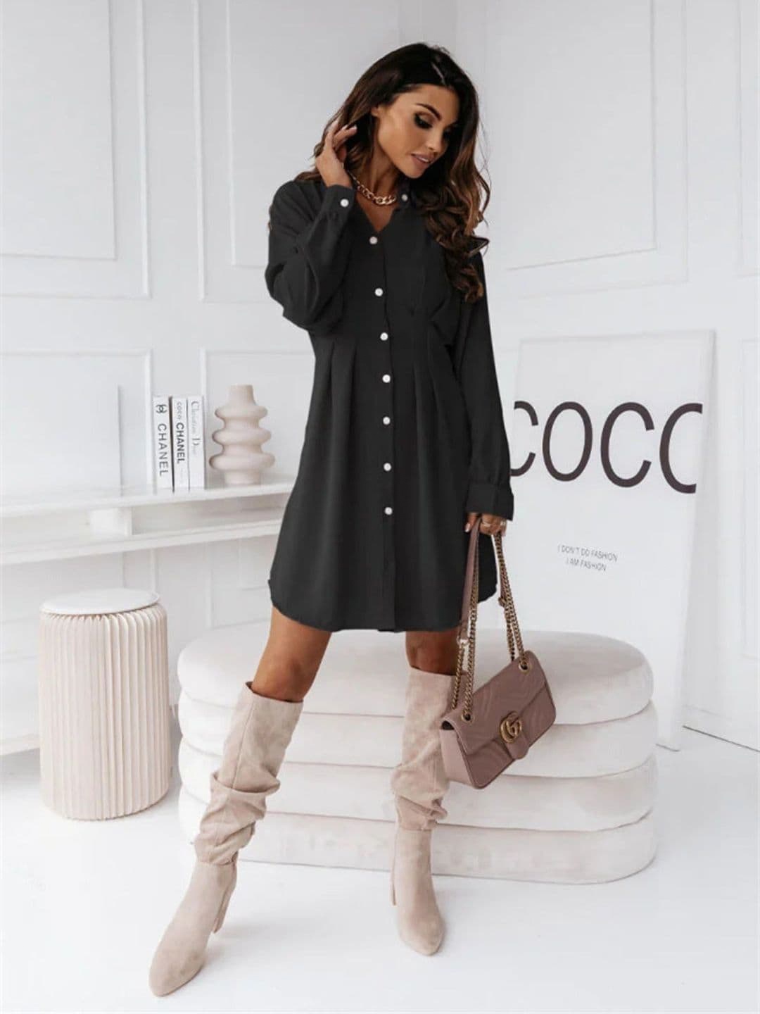 

DressBerry Black Mandarin Collar Long Sleeves A-Line Casual Dress