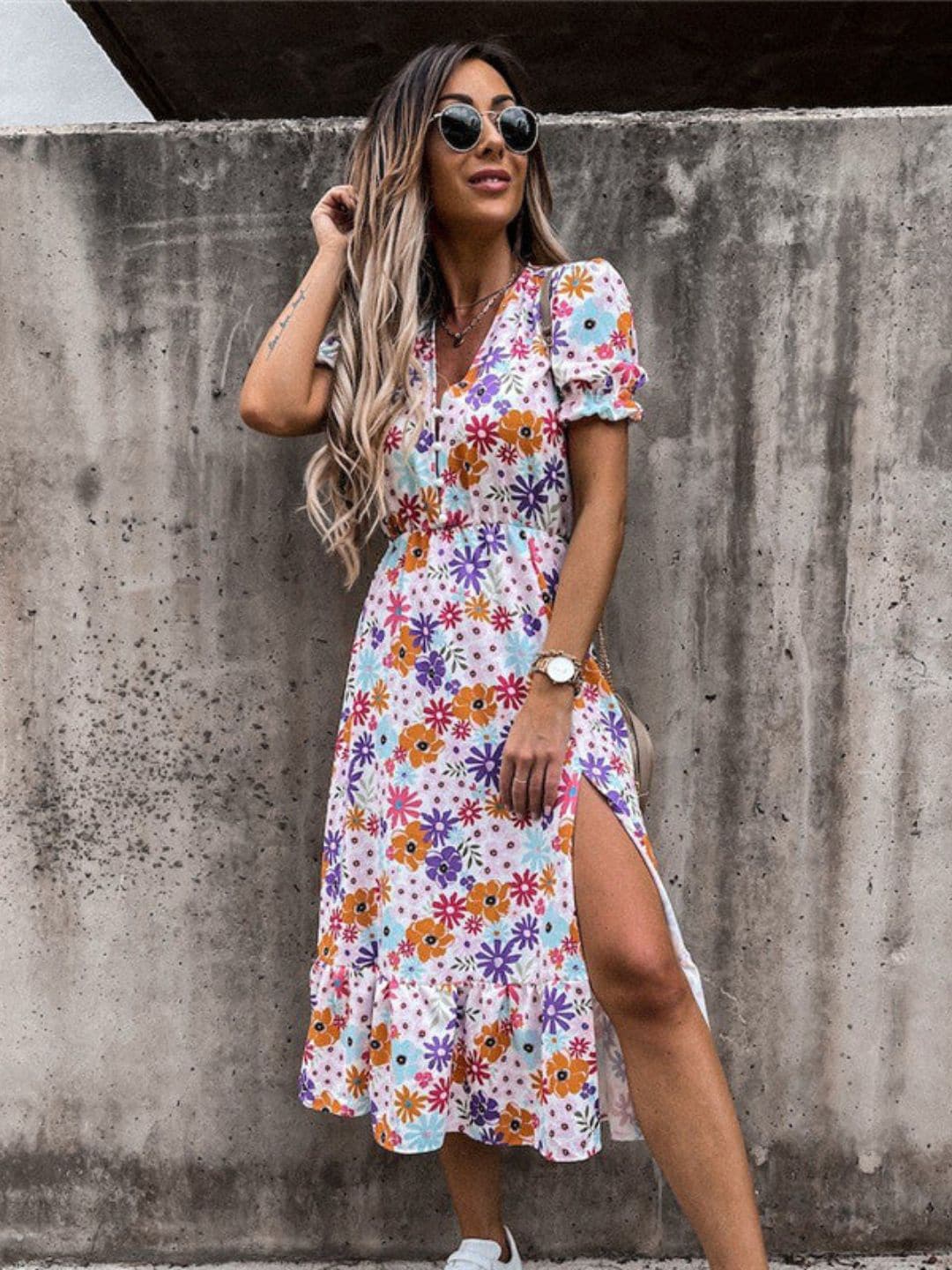 

DressBerry Pink Floral Printed Puff Sleeves Slit Dress