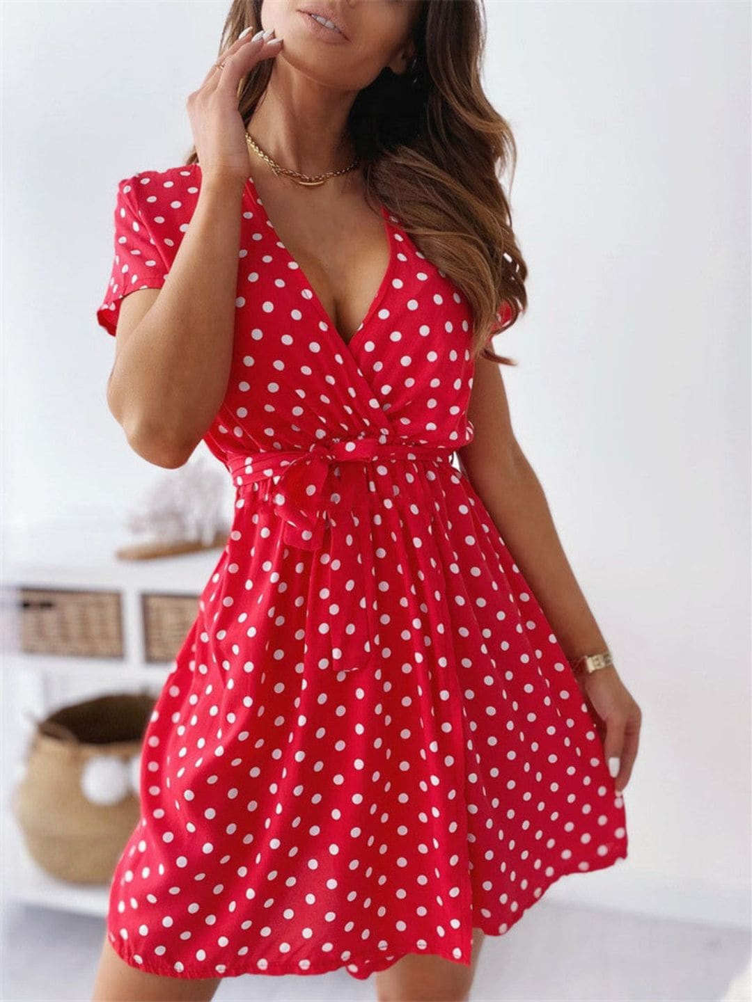 

DressBerry Red V Neck Polka Dot Printed Fit & Flare Wrap Dress