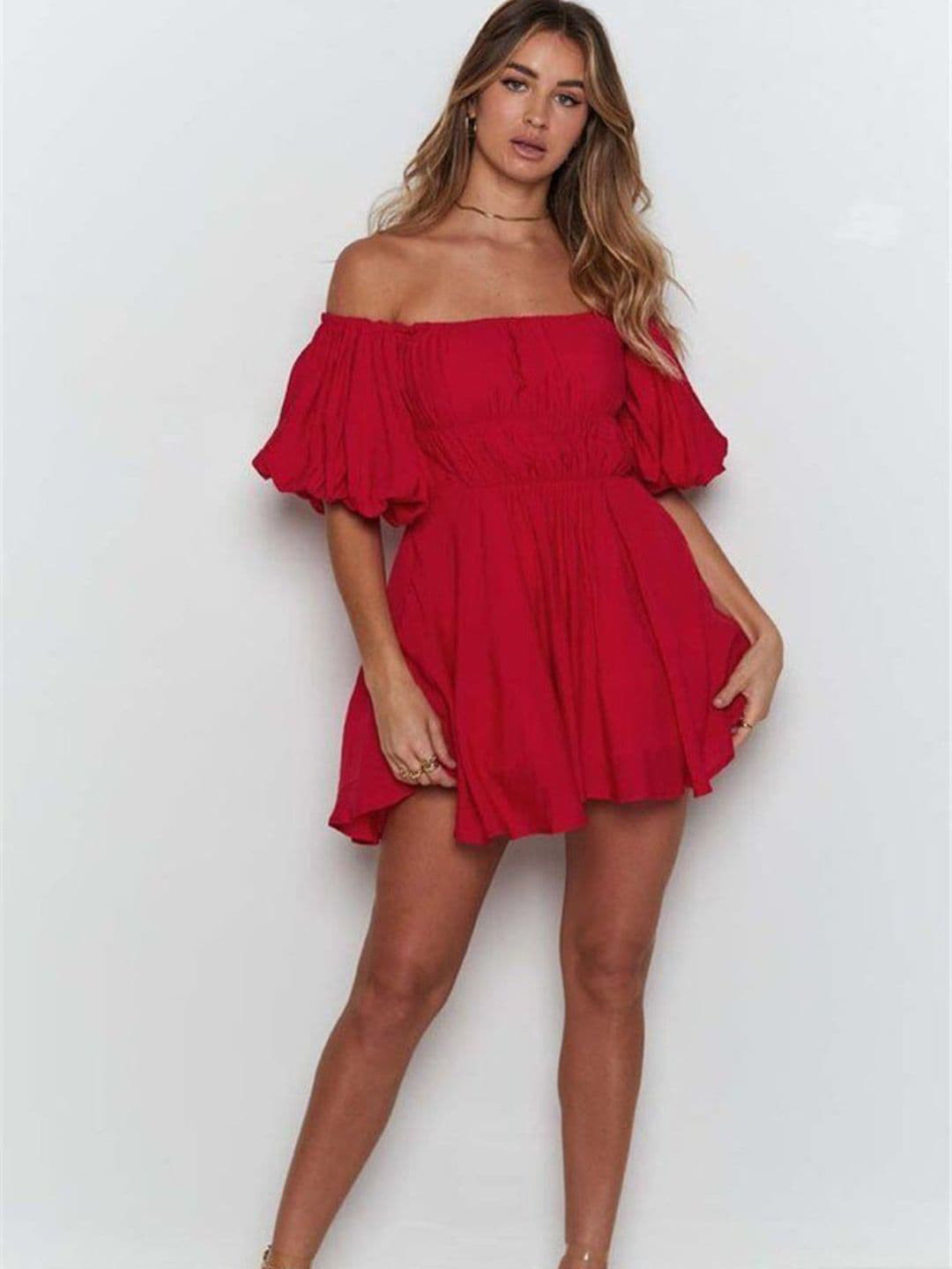 

DressBerry Red Off-Shoulder Flutter Sleeve Opaque Fit & Flare Casual Dress