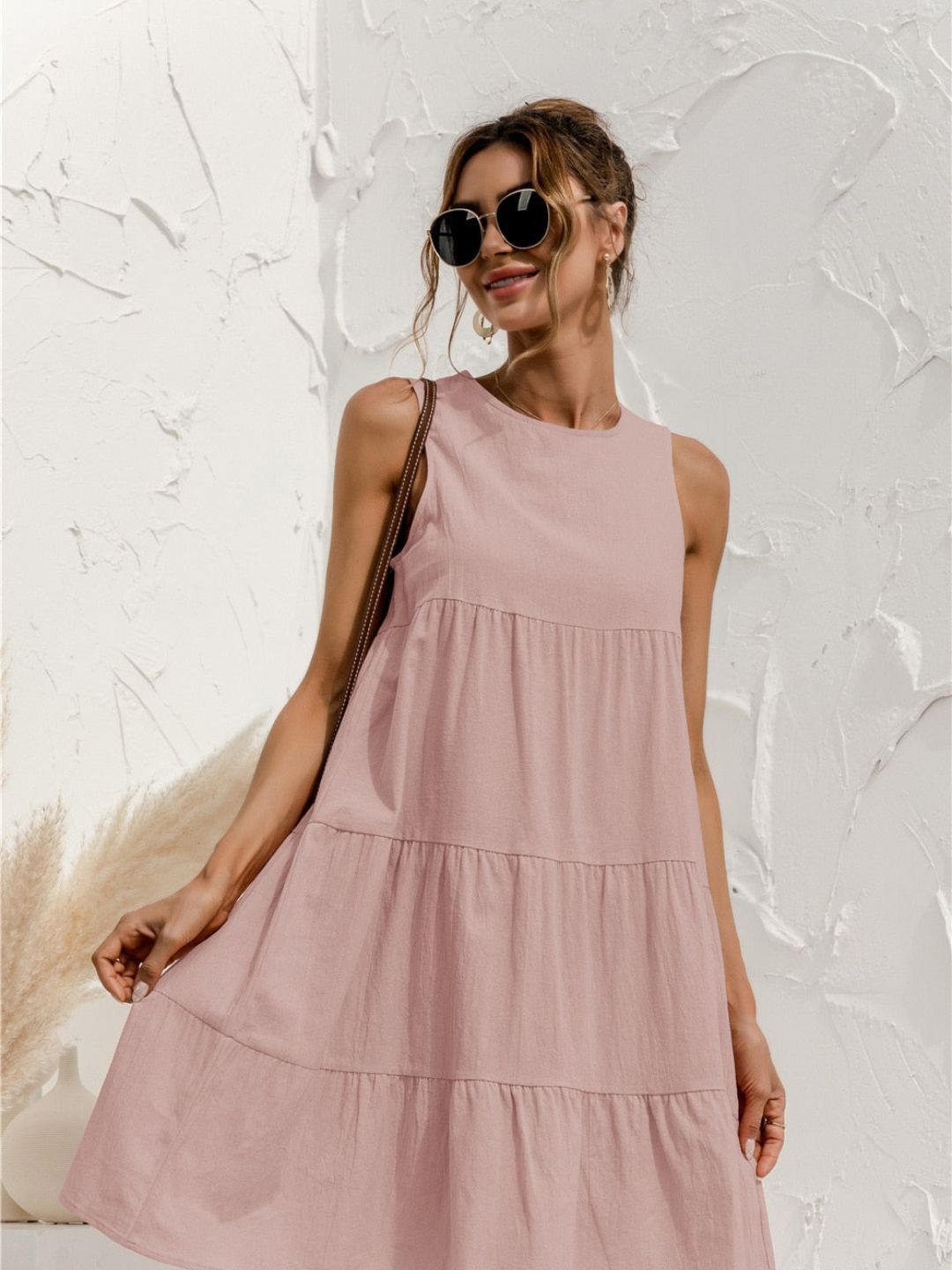 

DressBerry Pink Sleeveless Tiered A-Line Dress