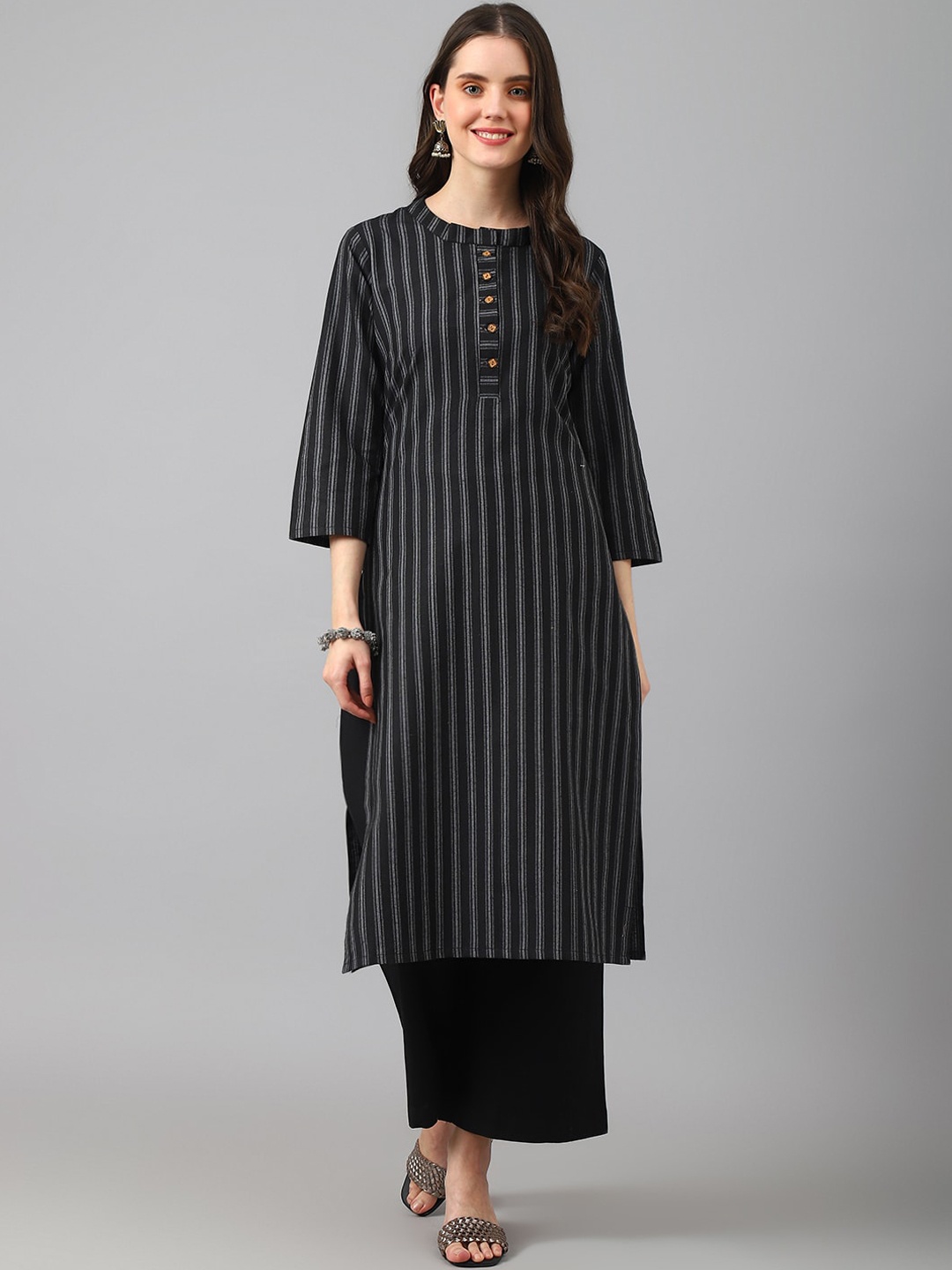 

KALINI Striped Three-Quarter Sleeves Straight Crepe Kurta, Black