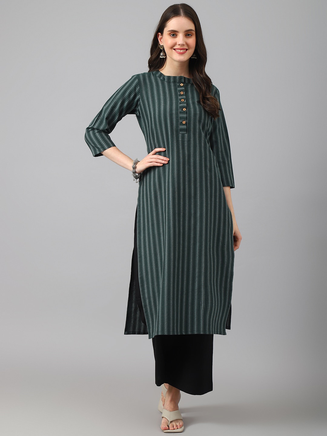 

KALINI Striped Band Collar Straight Kurta, Green