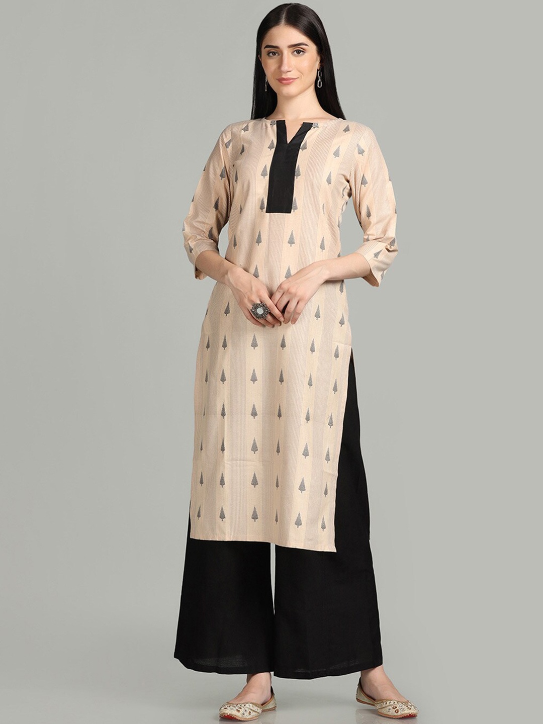 

KALINI Floral Printed Round Neck Straight Kurta, Beige