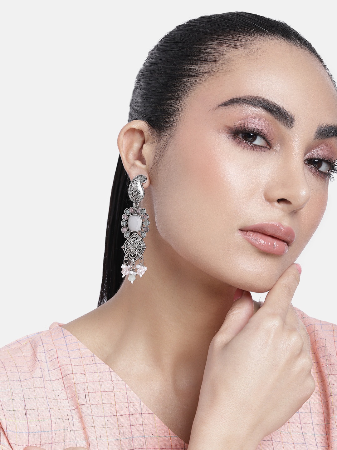 

ABDESIGNS Silver-Plated Artificial Stones & Beads Classic Drop Earrings