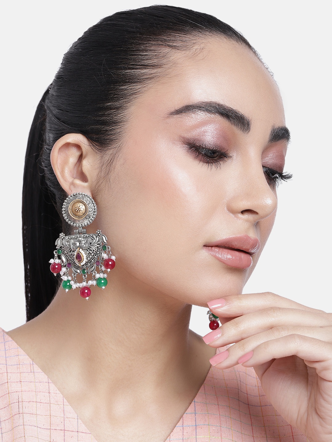 

ABDESIGNS Silver-Plated Artificial Stones & Beads Classic Drop Earrings