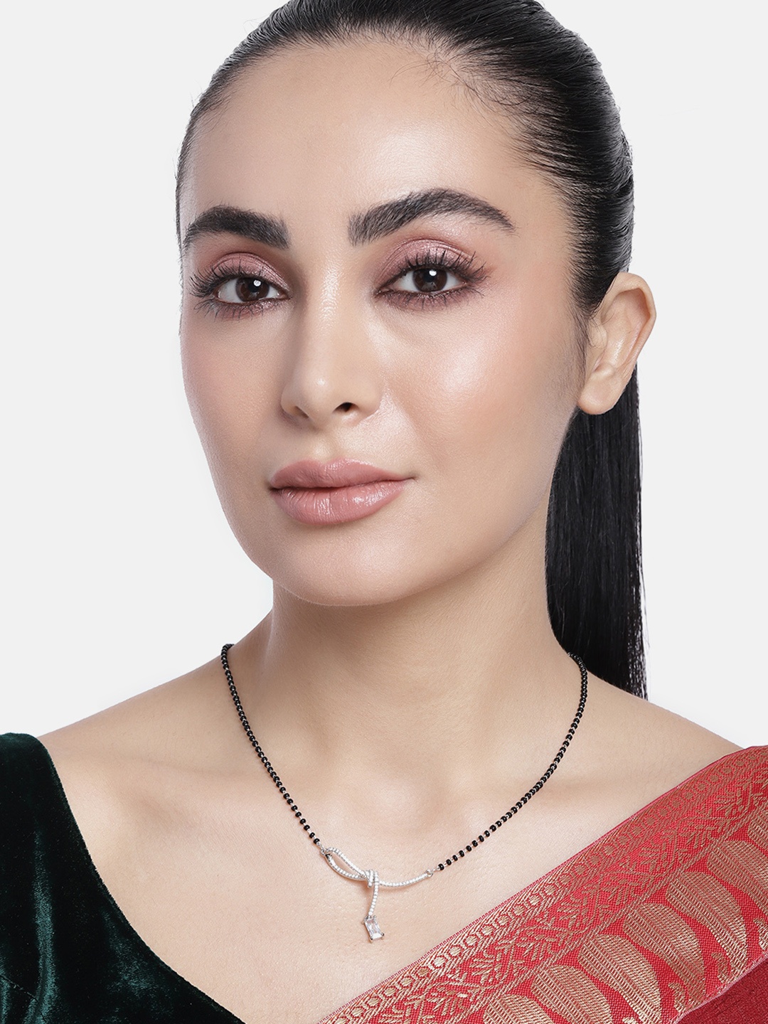 

ABDESIGNS Silver-Plated American Diamond & Beaded Mangalsutra