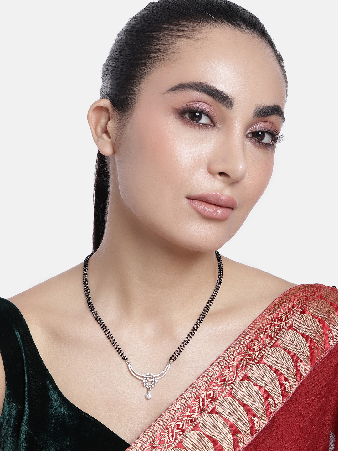 

ABDESIGNS Silver-Plated American Diamond & Beaded Mangalsutra