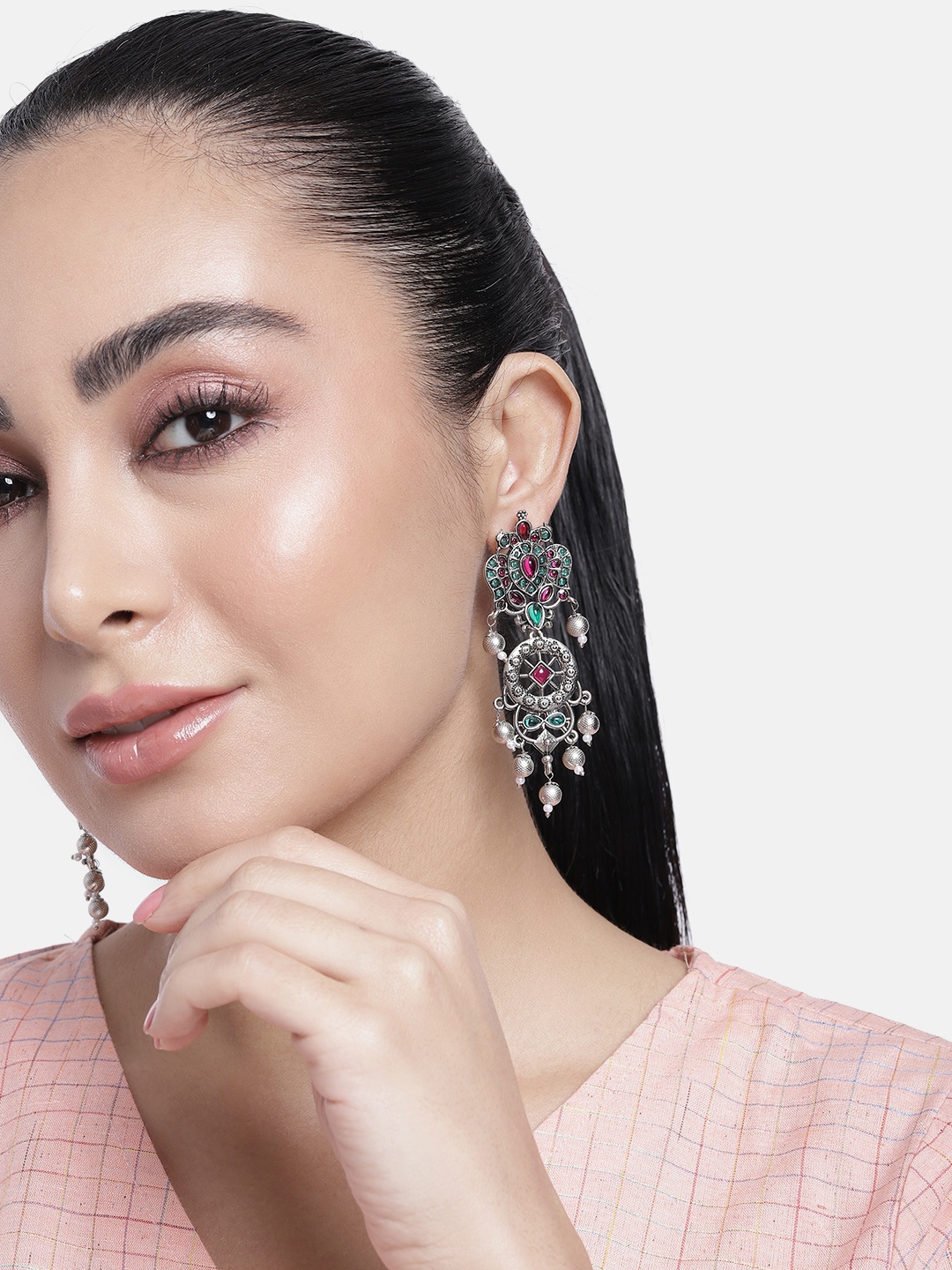 

ABDESIGNS Silver-Plated Artificial Stones & Beads Classic Drop Earrings