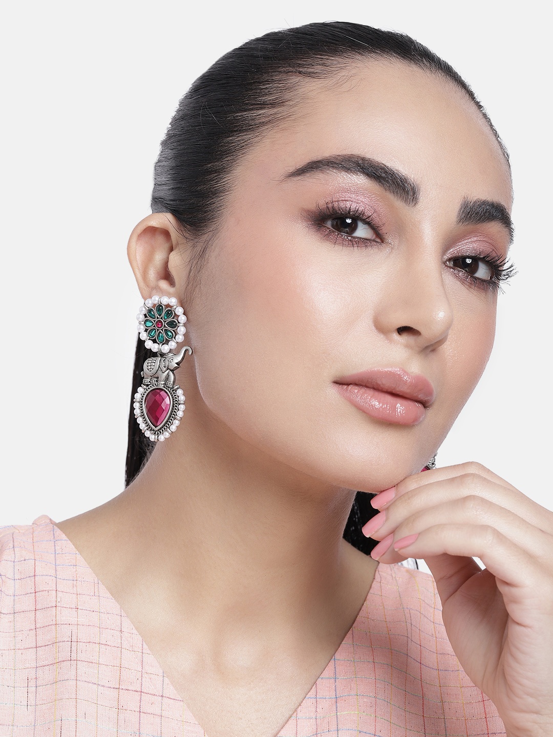 

ABDESIGNS Silver-Plated Artificial Stones & Beads Classic Drop Earrings