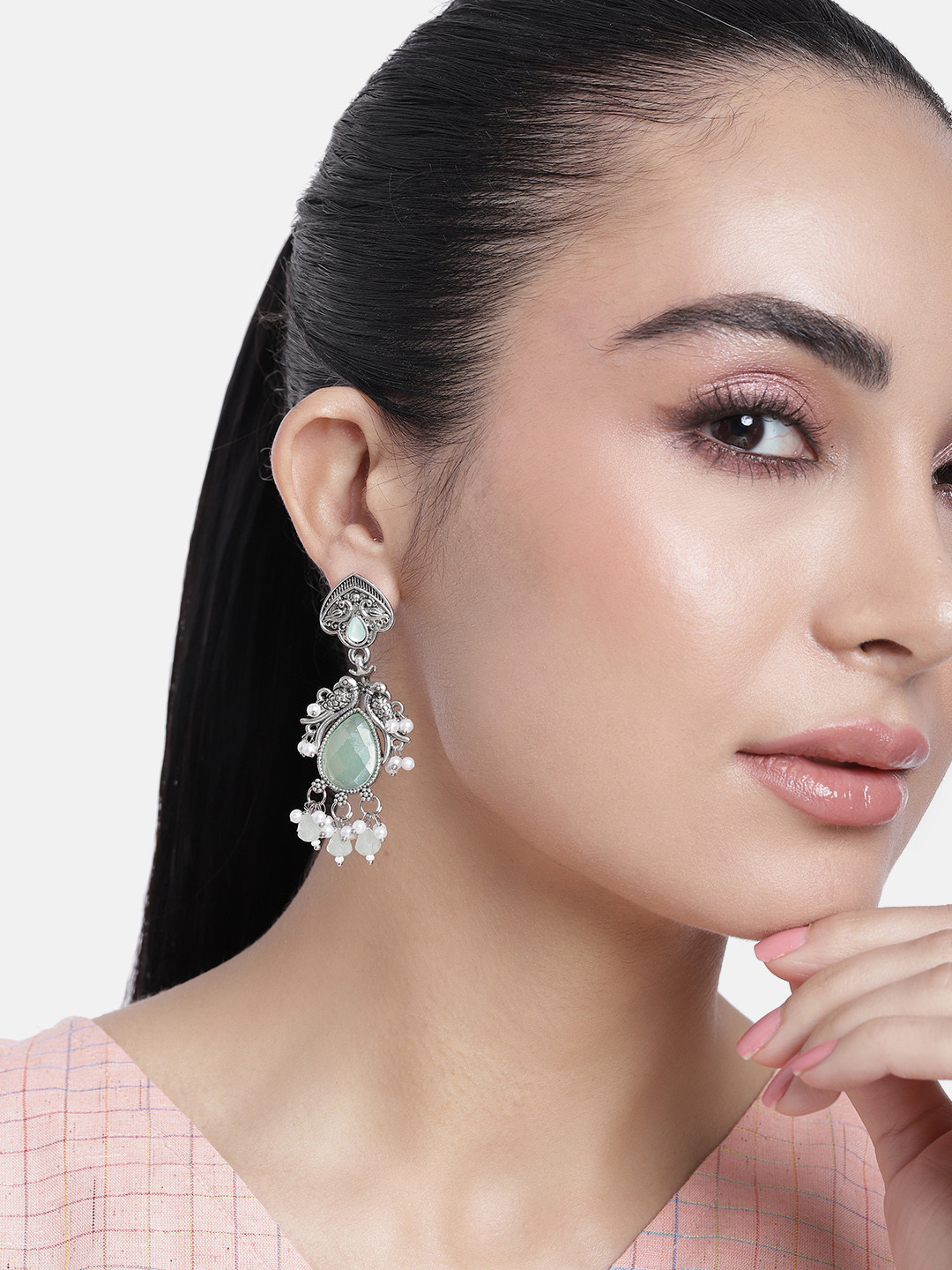 

ABDESIGNS Silver-Plated Artificial Stones & Beads Classic Drop Earrings