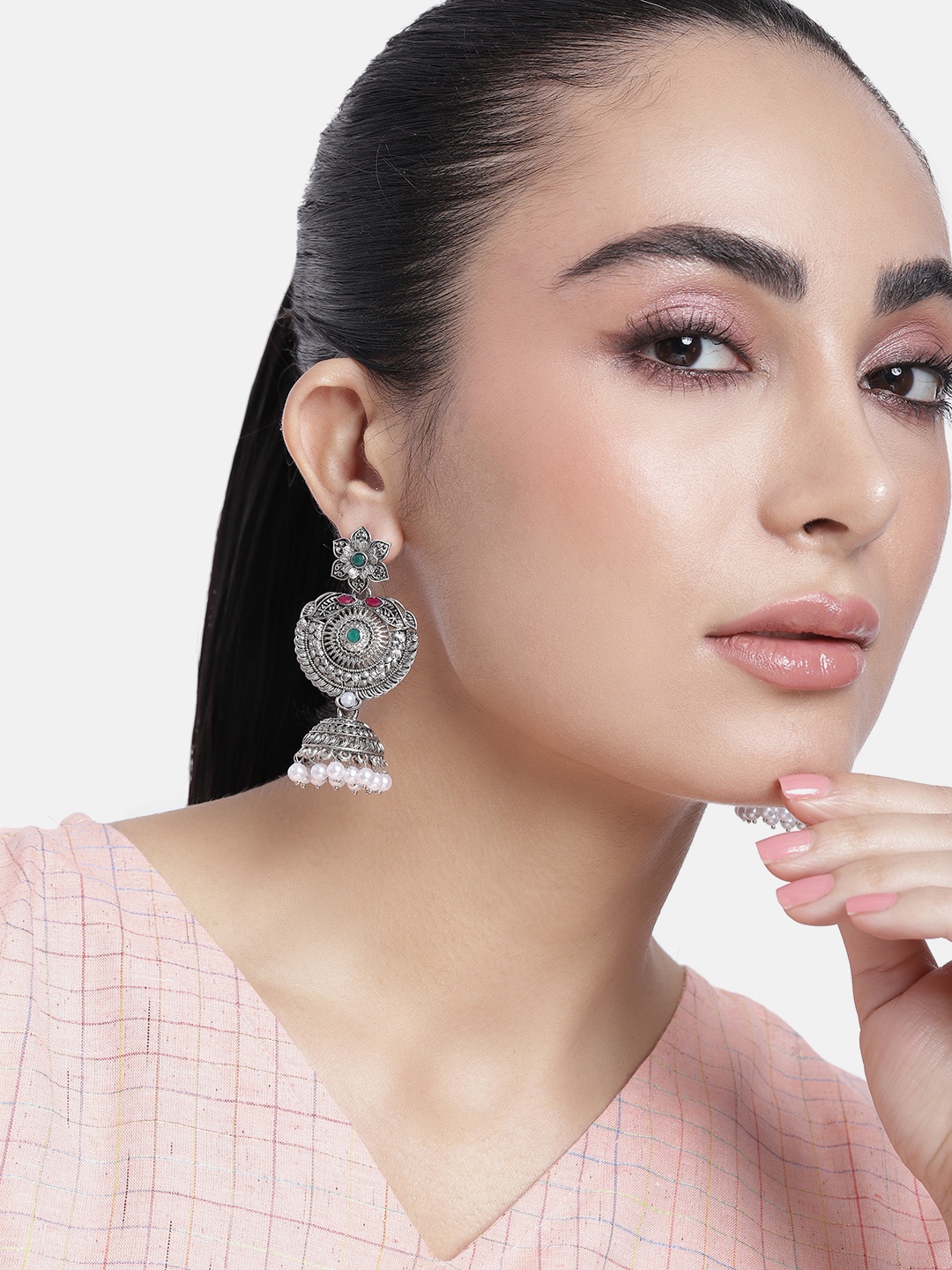 

ABDESIGNS Silver-Plated Artificial Stones & Beads Classic Drop Earrings