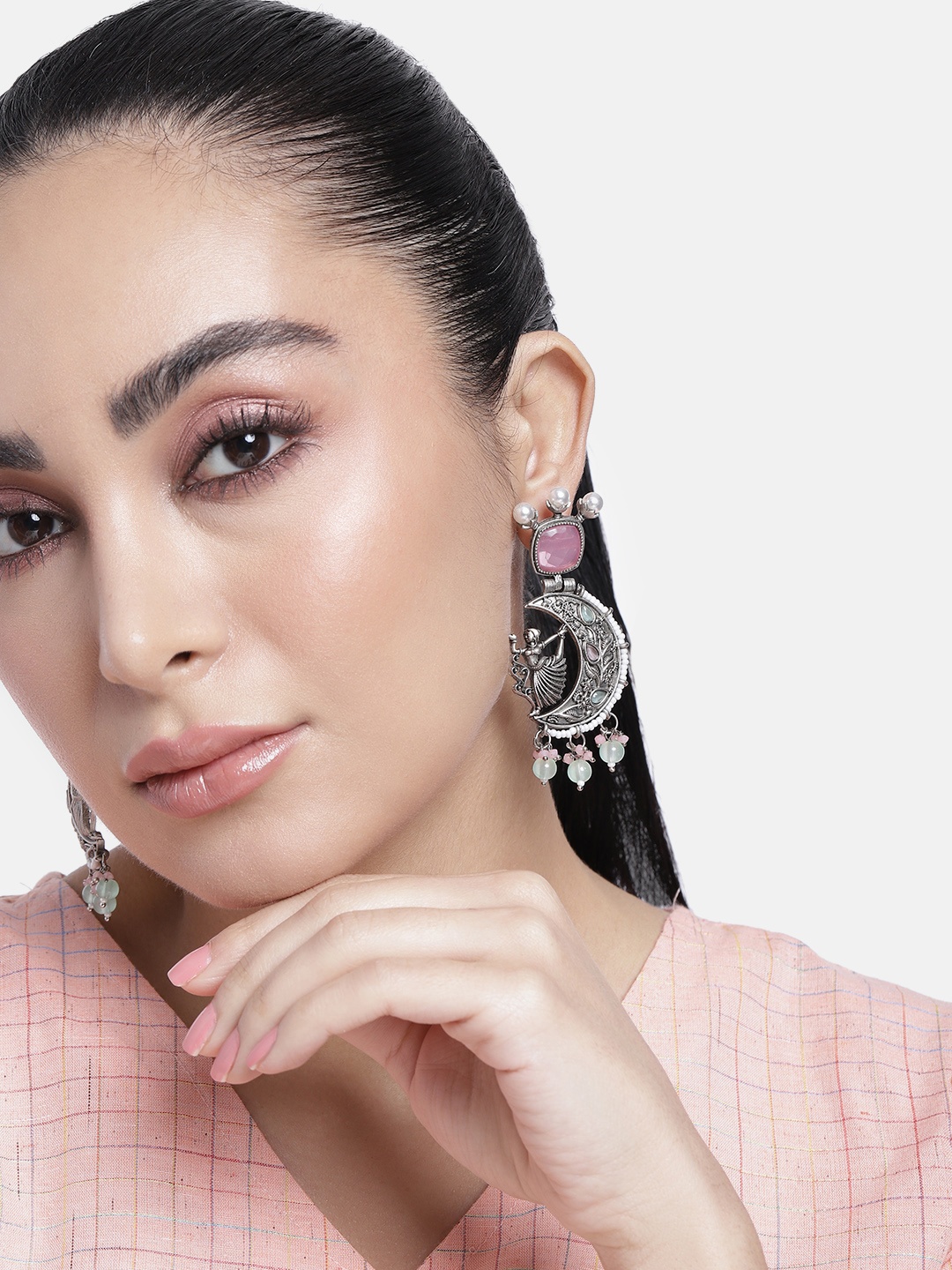 

ABDESIGNS Silver-Plated Artificial Stones & Beads Classic Drop Earrings