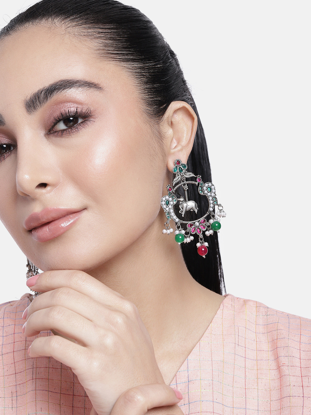 

ABDESIGNS Silver-Plated Artificial Stones & Beads Classic Drop Earrings