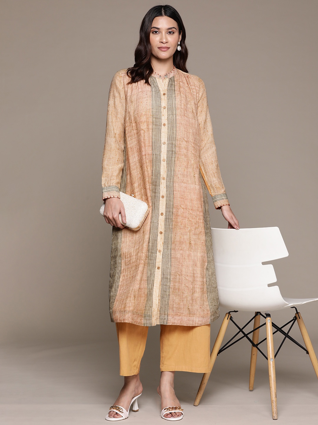 

Ritu Kumar Women Striped Regular Kurta with Palazzos, Beige