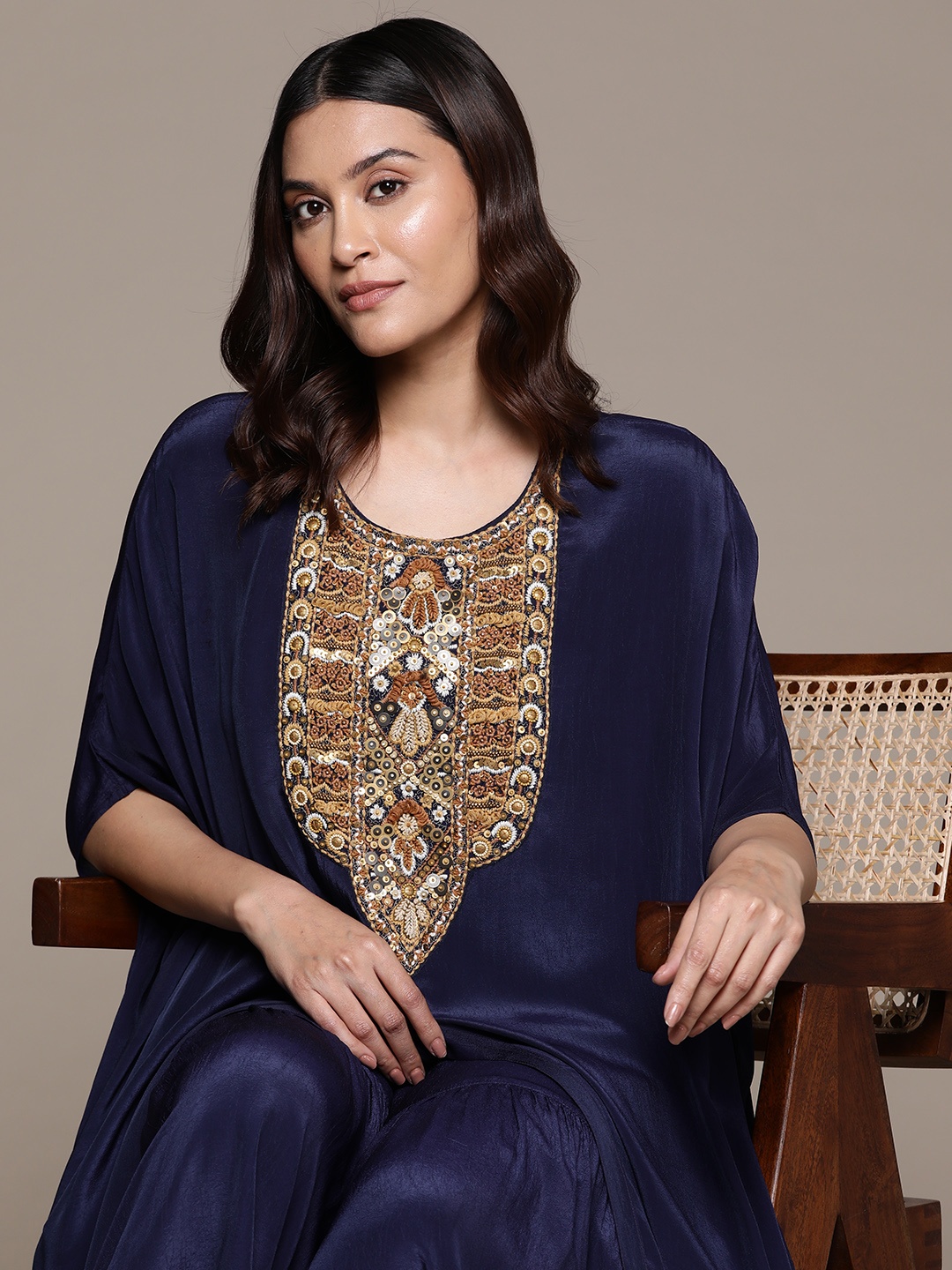 

Ritu Kumar Women Ethnic Motifs Yoke Design Regular Sequinned Kurta with Palazzos, Navy blue