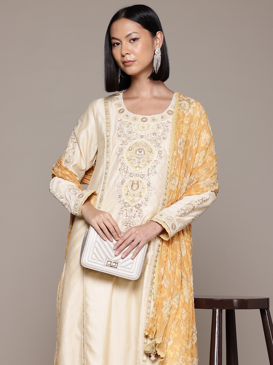 

Ritu Kumar Ethnic Motifs Embroidered Panelled Sequinned Kurta With Trousers & Dupatta, Off white