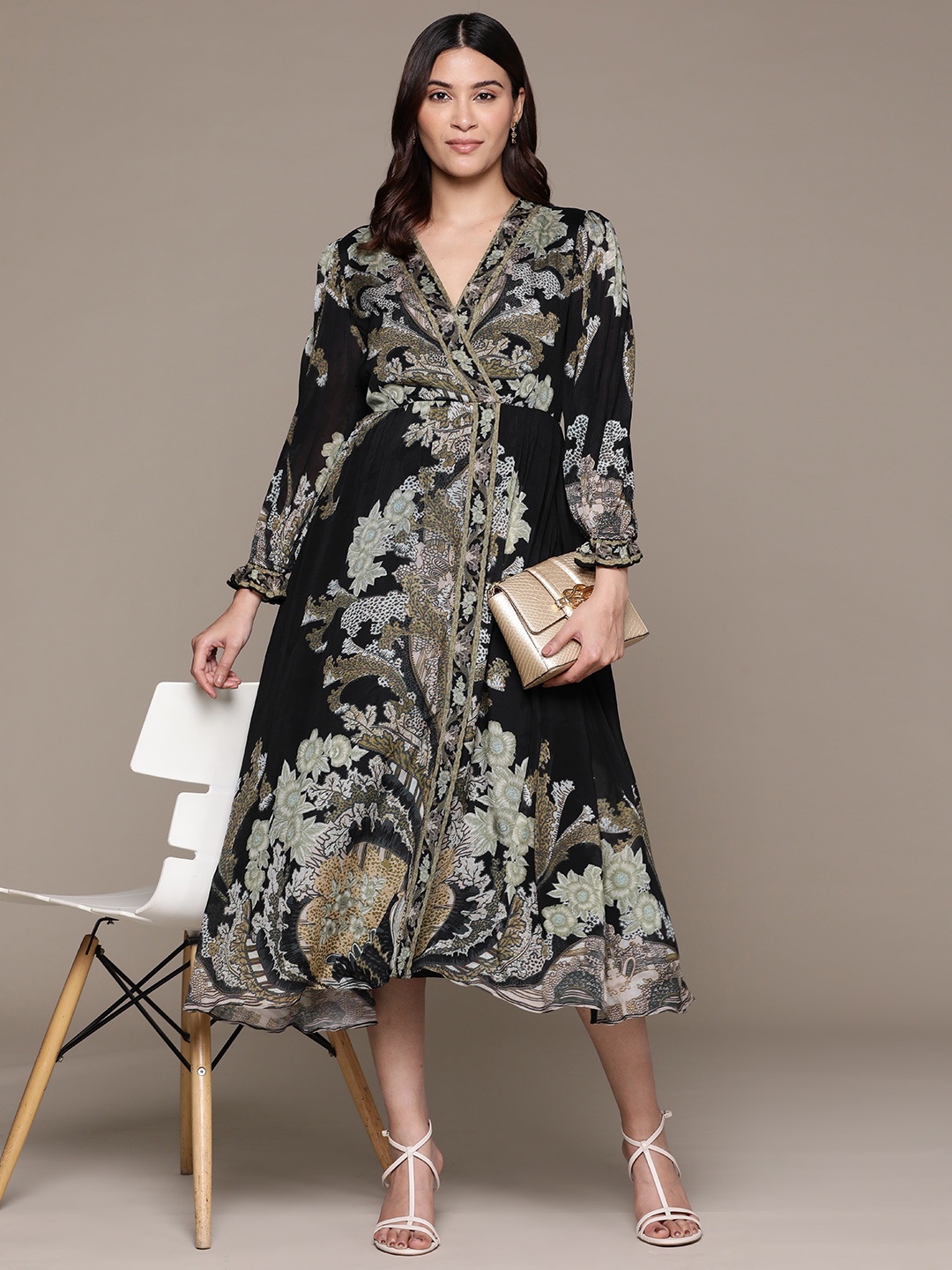 

Ritu Kumar Floral Print Puff Sleeve Midi Dress, Black