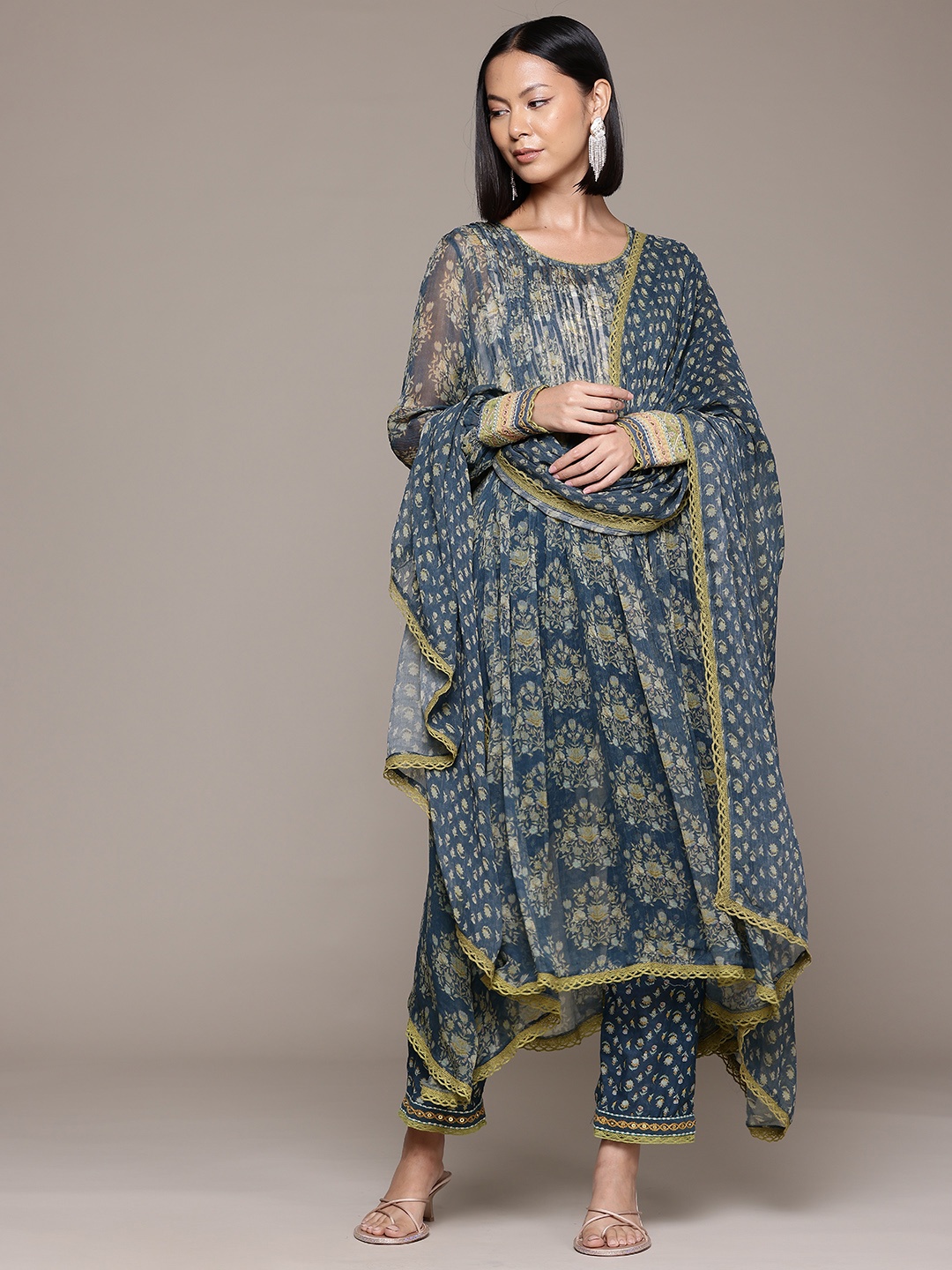 

Ritu Kumar Floral Printed Pleated Sequinned Kurta With Trousers & Dupatta, Navy blue