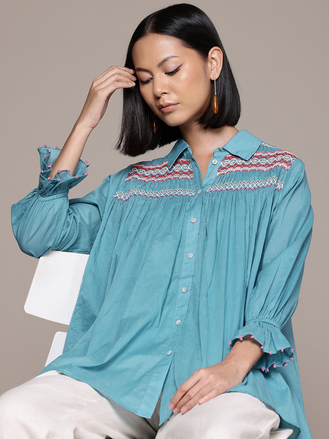 

Ritu Kumar Women Self Design Cotton Casual Shirt, Turquoise blue