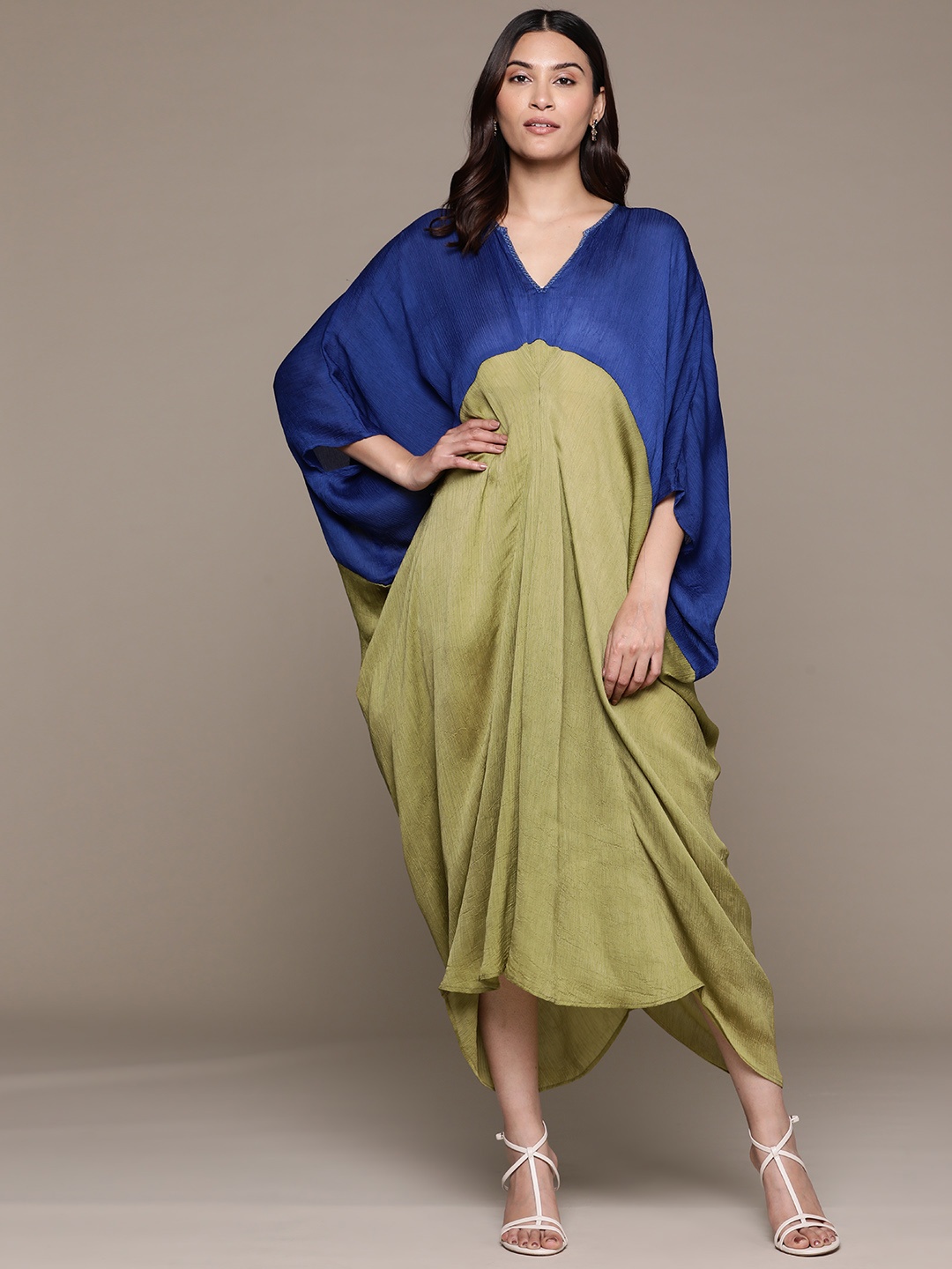 

Ritu Kumar Colourblocked Kimono Sleeve Kaftan Midi Dress, Blue