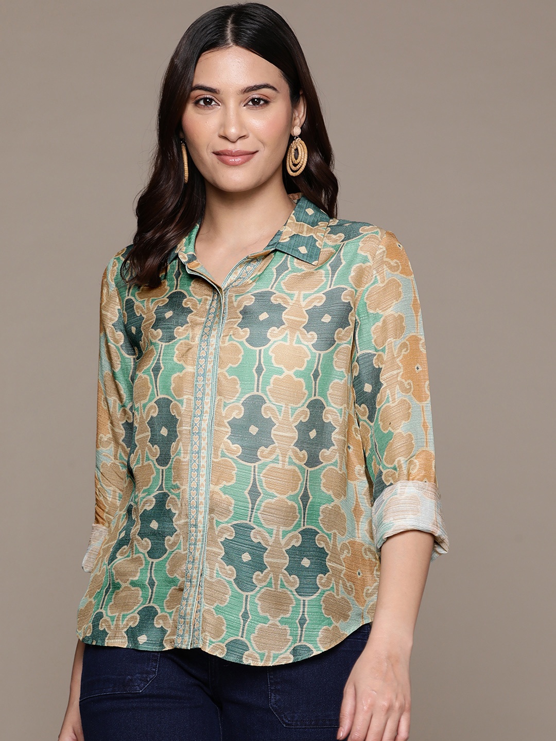 

Ritu Kumar Women Opaque Printed Casual Shirt, Turquoise blue