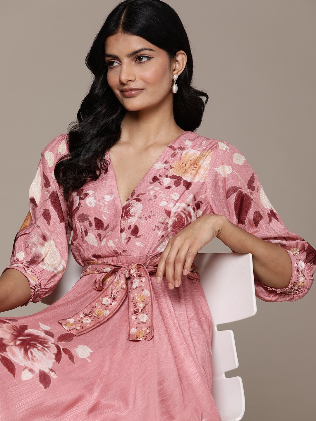 

Ritu Kumar Floral Print Puff Sleeve Fit & Flare Midi Dress, Pink