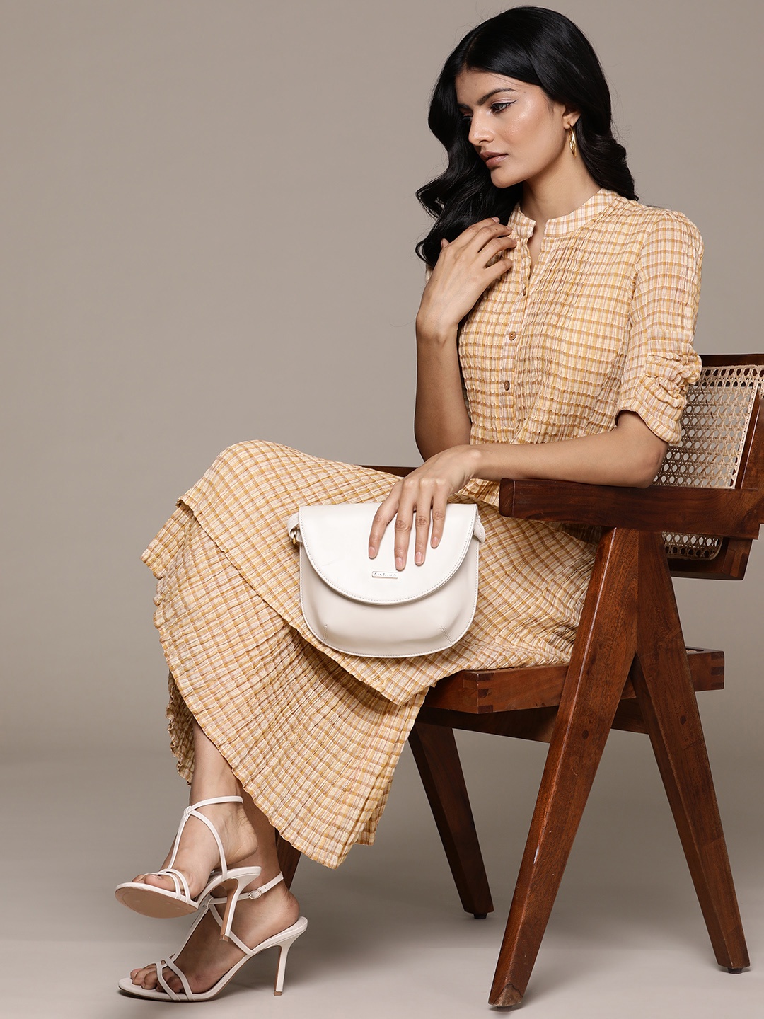 

Ritu Kumar Checked Gathered-Detailed A-Line Midi Dress, Beige