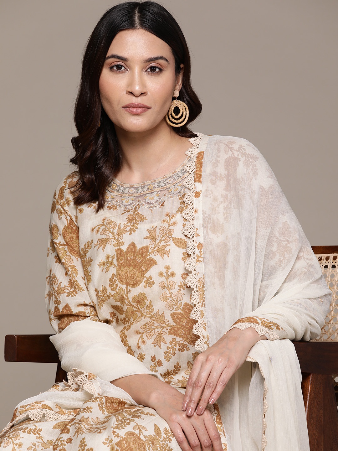 

Ritu Kumar Women Floral Printed A-Line Kurta with Trousers & With Dupatta, Beige