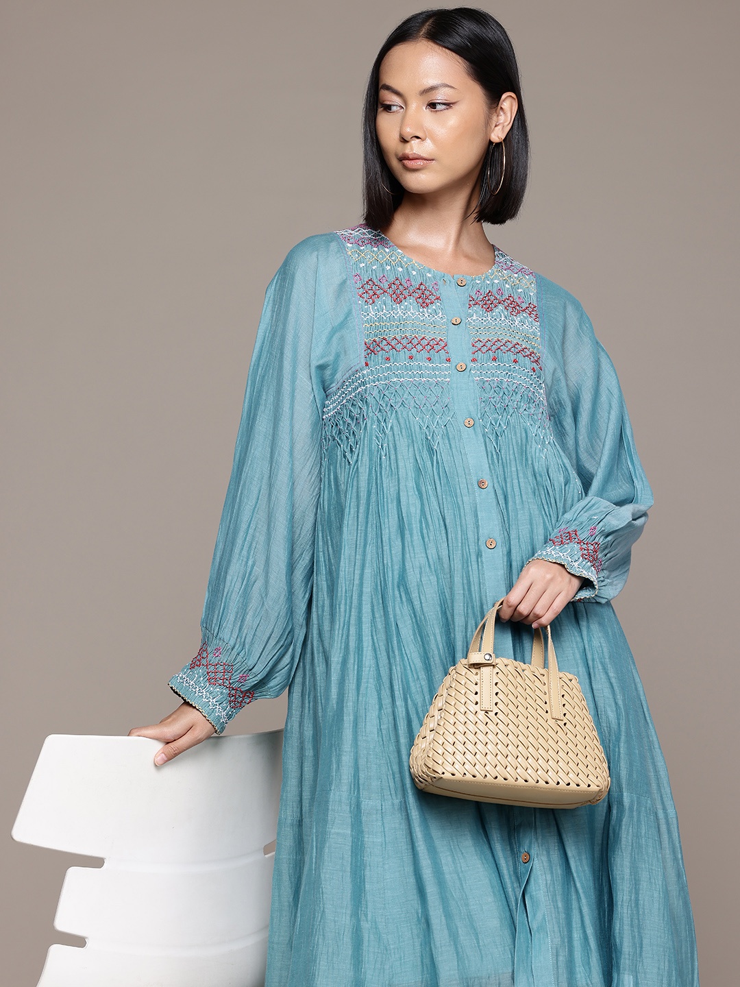 

Ritu Kumar Embroidered A-Line Midi Dress With Inner, Turquoise blue