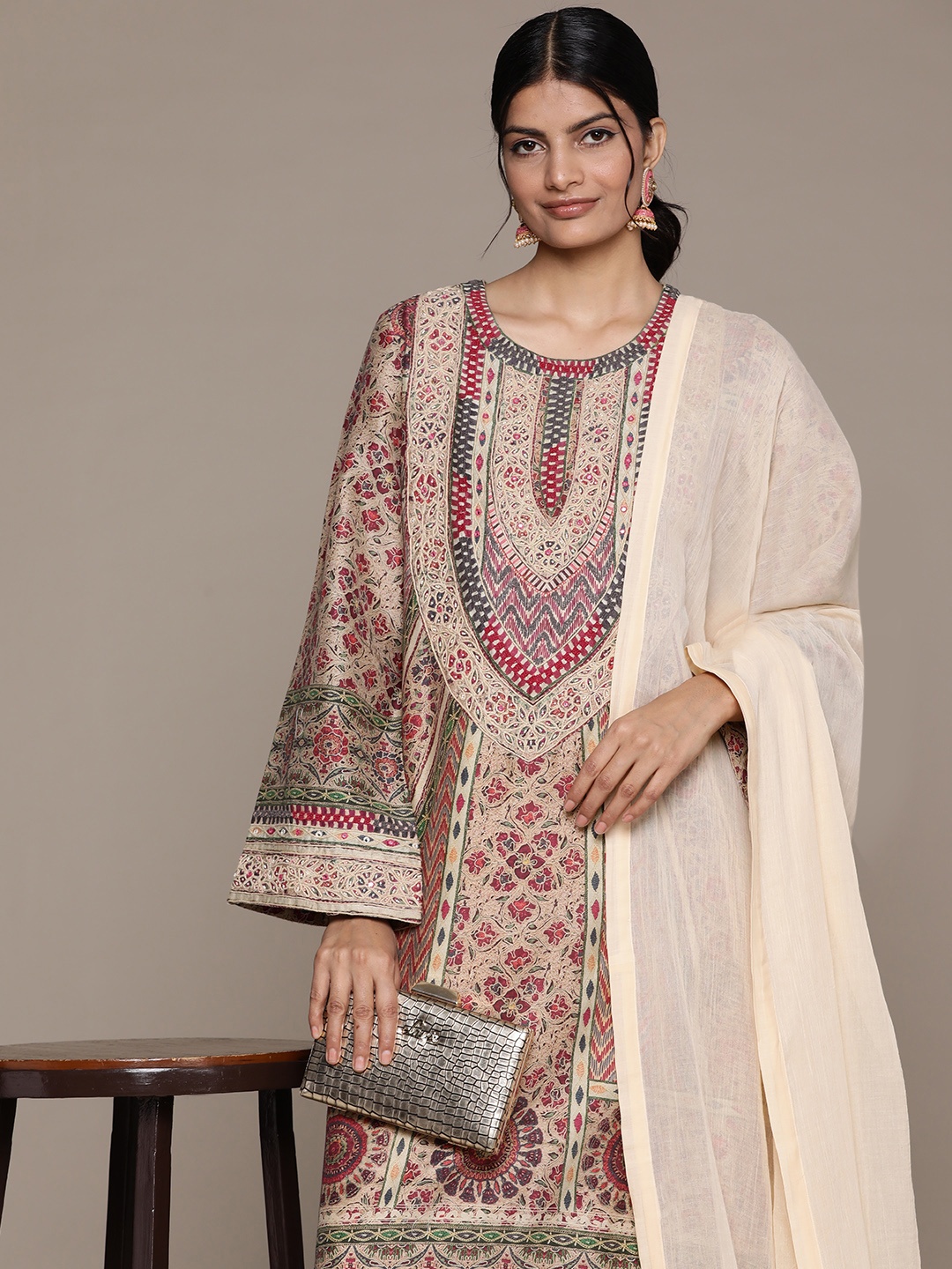 

Ritu Kumar Women Ethnic Motifs Printed Thread Work Kurta with Trousers & With Dupatta, Beige