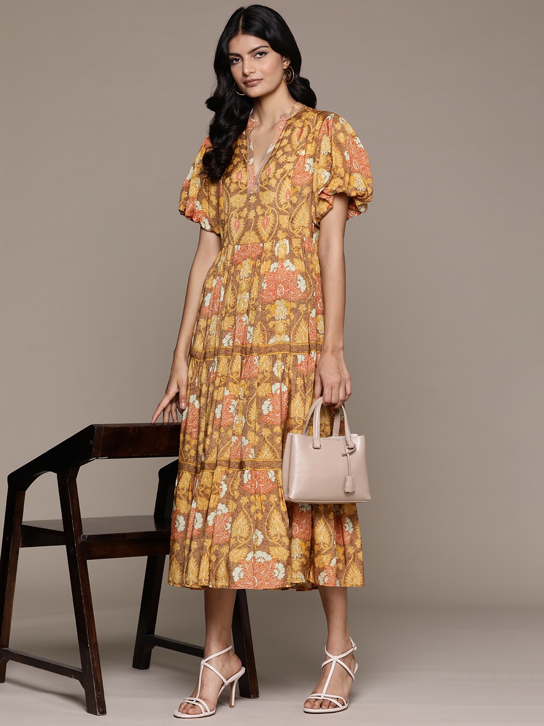 

Ritu Kumar Ethnic Motifs Print Flared Sleeve A-Line Midi Dress, Yellow