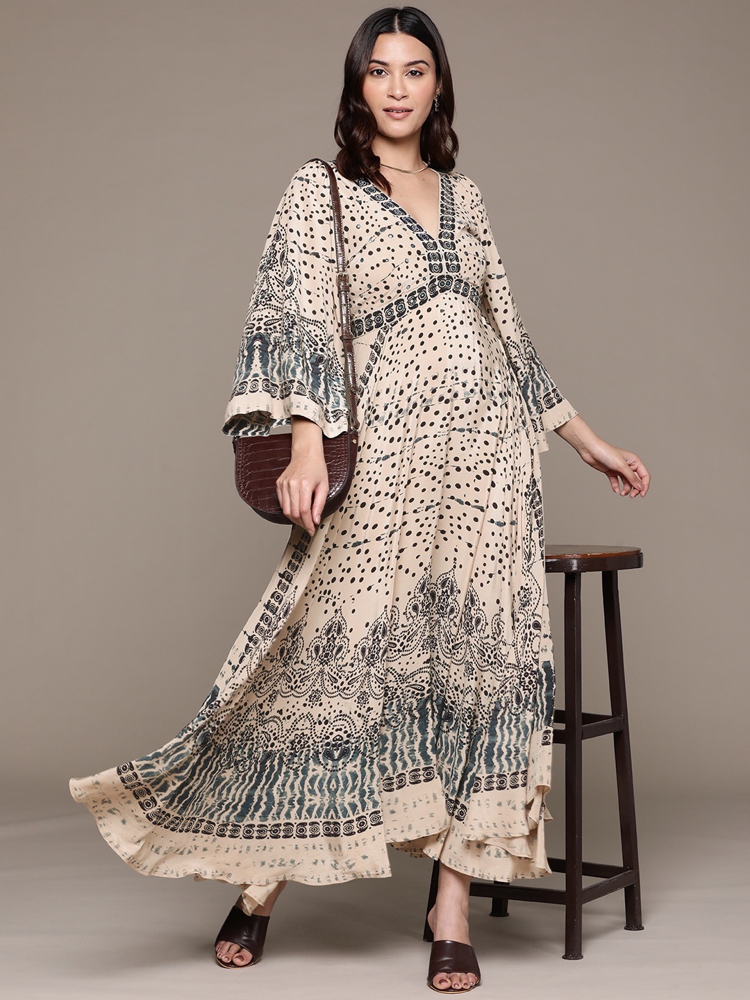 

Ritu Kumar Printed Flared Sleeve Maxi Dress, Beige