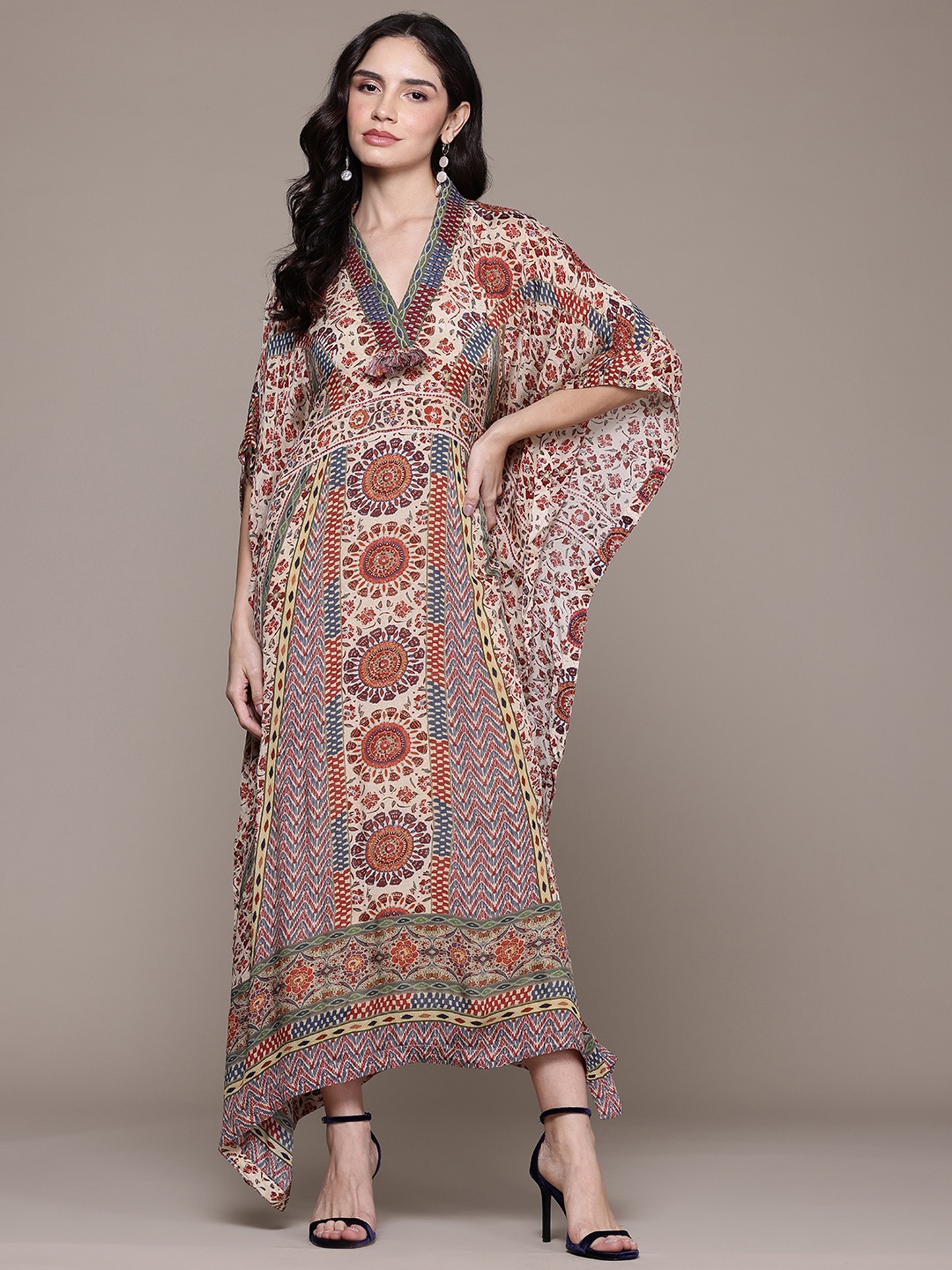 

Ritu Kumar Ethnic Motifs Print Flared Sleeves Kaftan Maxi Dress, Beige