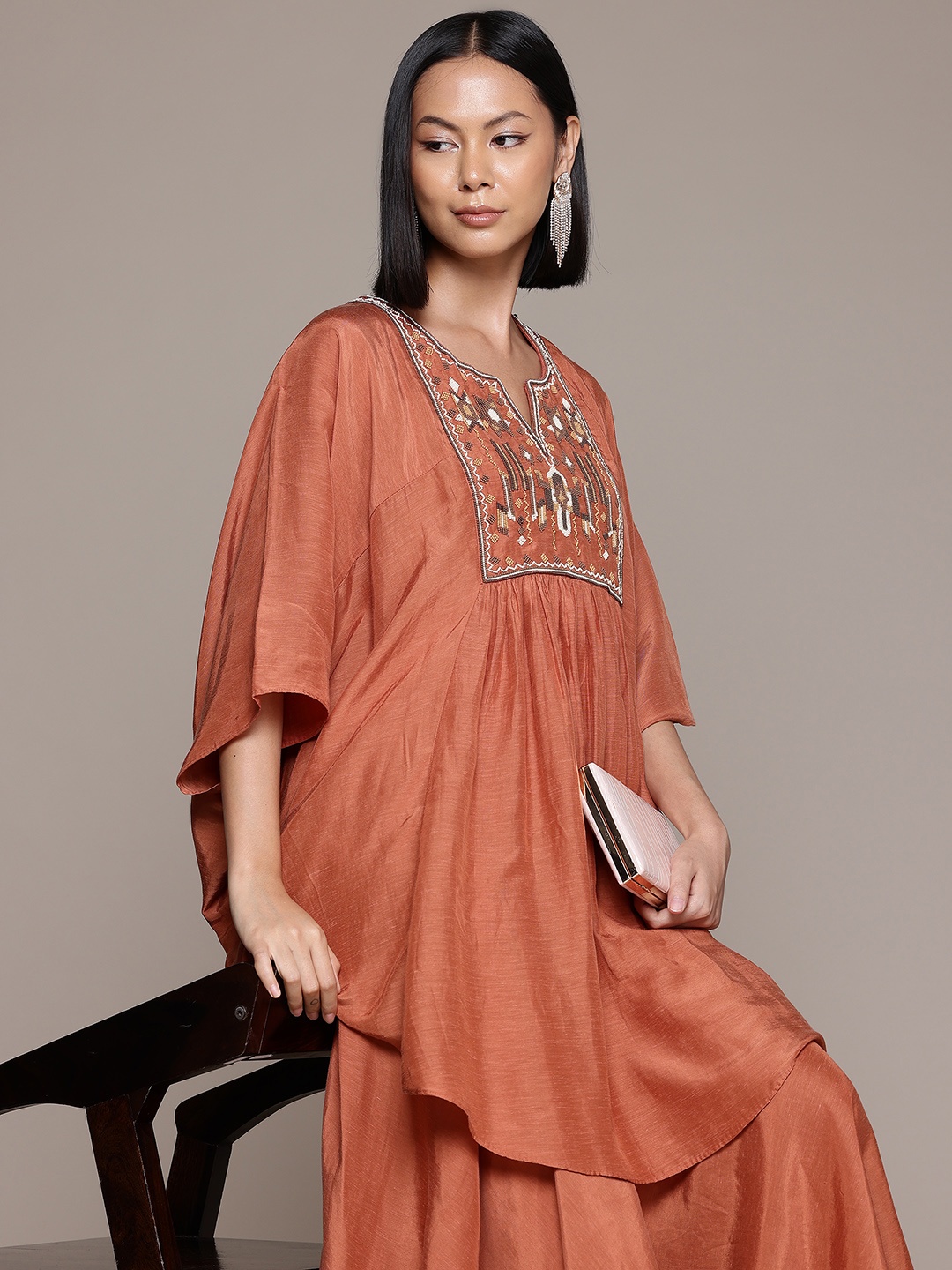 

Ritu Kumar Yoke Design Regular Beads & Stones Kurta With Palazzos, Rust