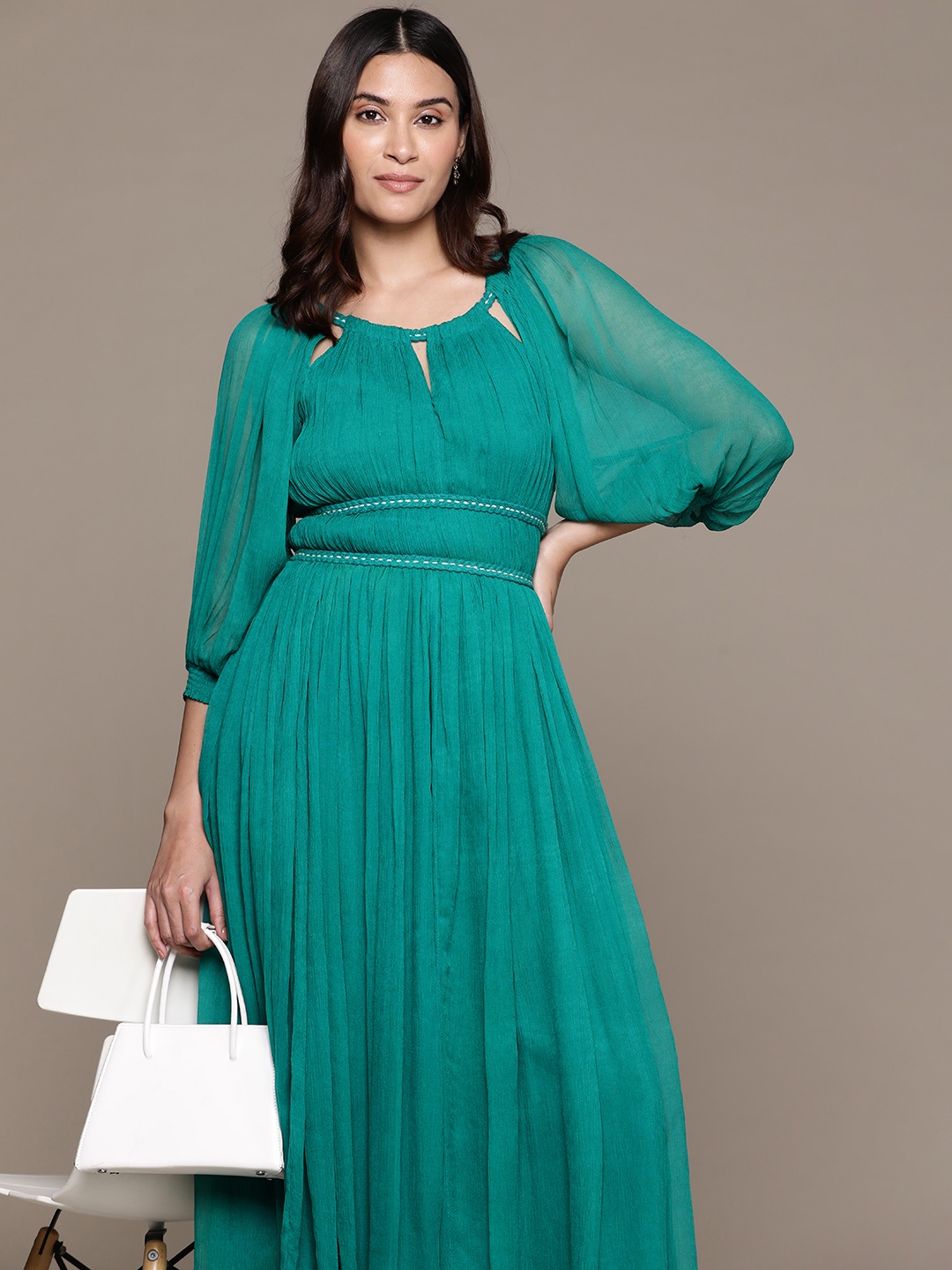

Ritu Kumar Gathered-Detailed Bishop Sleeve Maxi Dress, Teal