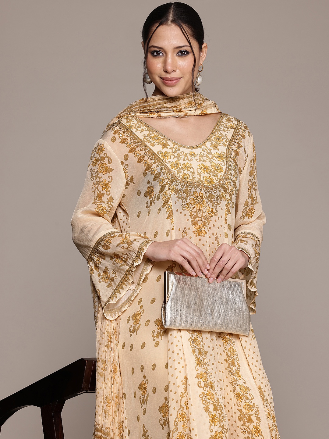 

Ritu Kumar Floral Printed Pleated Sequinned Kurta with Churidar & Dupatta, Beige