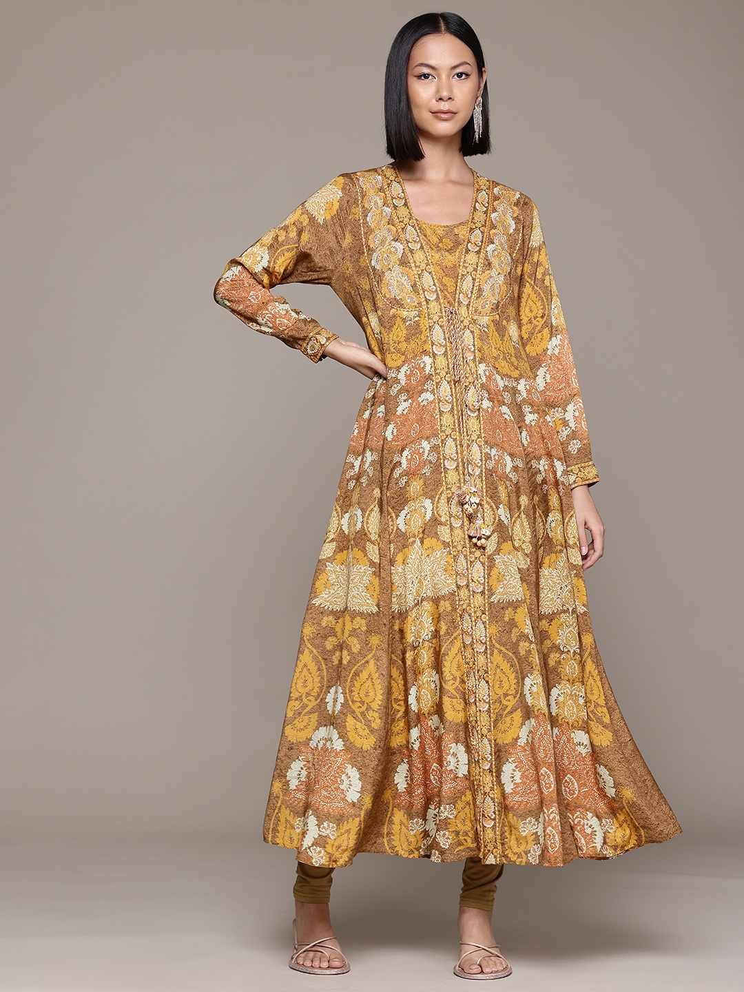 

Ritu Kumar Floral Printed Pleated Sequinned Kurta With Leggings, Mustard