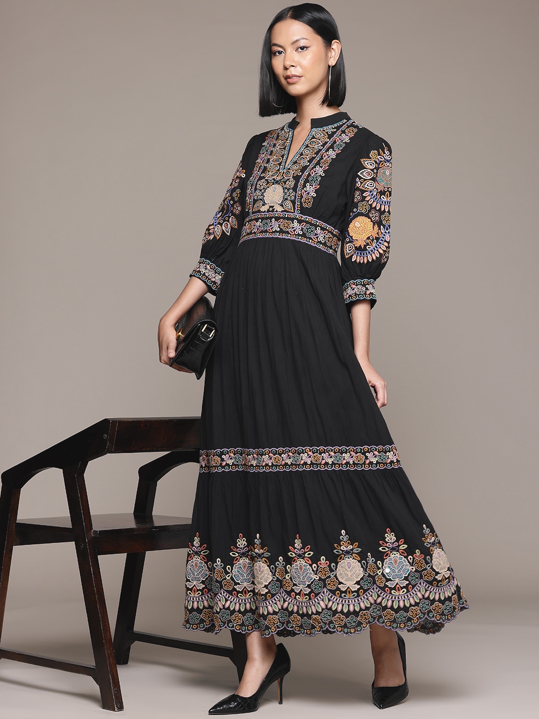 

Ritu Kumar Floral Embroidered Puff Sleeves A-Line Maxi Dress, Black